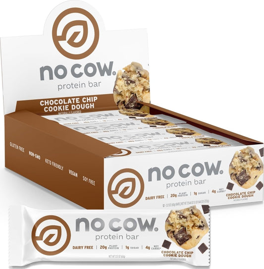 No Cow Vegan Protein Bars, Upgraded Chocolate Chip Cookie Dough, 20g Plant Based Protein, Gluten Free, Dairy Free, Soy Free, Keto Friendly, Low Sugar, High Fiber Snack Bars, Pack of 12