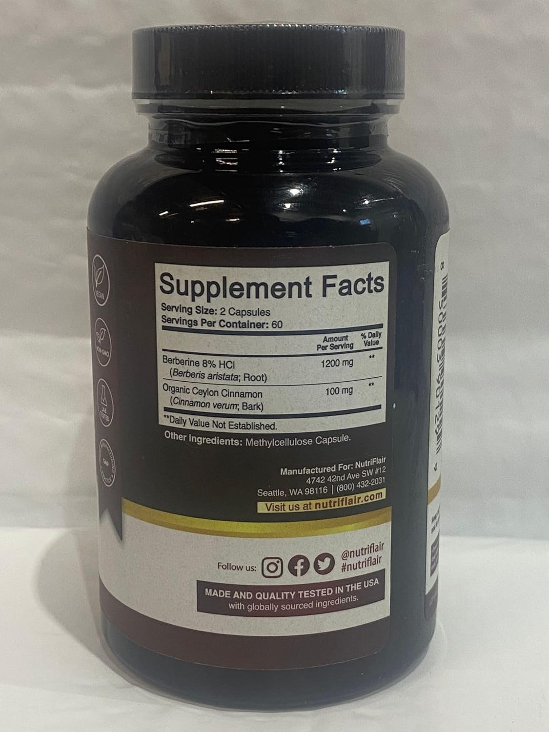 NutriFlair Premium Berberine HCL 1200mg, 120 Capsules - Plus Pure True Ceylon Cinnamon, Berberine HCI Root Supplements Pills - Immune System - Made in USA