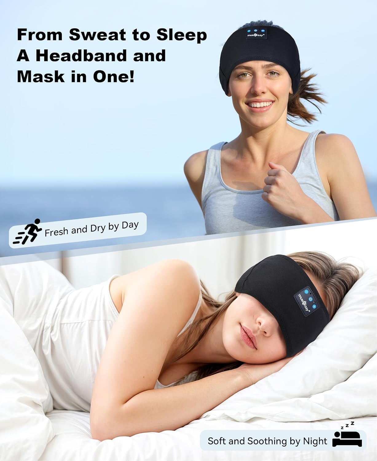 MUSICOZY Sleep Headphones Bluetooth 5.4 Headband, Sports Wireless Earphones Sweat Resistant Earbuds Sleeping Headphone with Ultra-Thin HD Stereo Speaker for Workout Running Cool Gadgets Unique Gifts