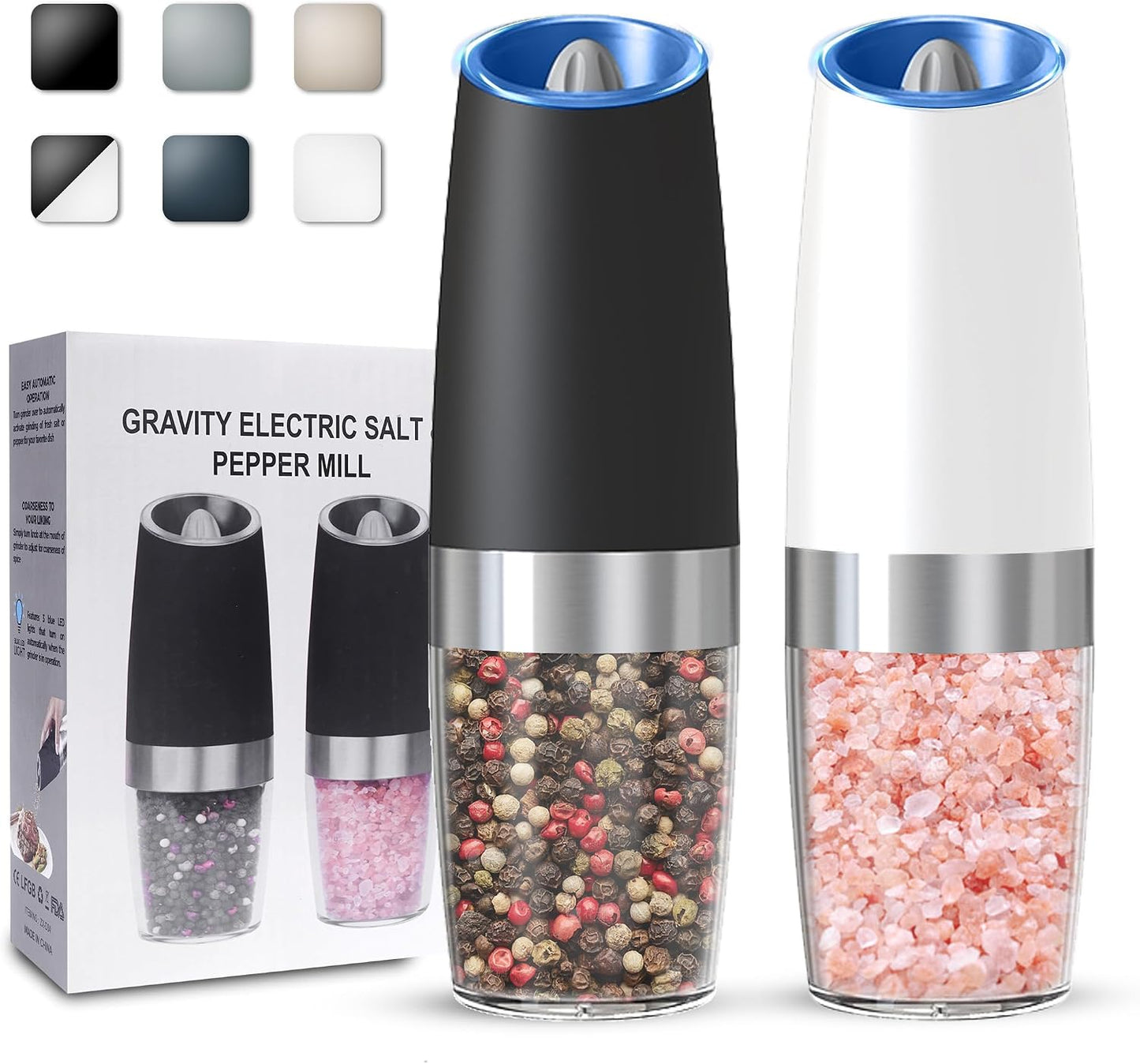 UNNEES Battery Operated Gravity Salt And Pepper Grinder Set, 2 Pcs (Black) | Automatic Salt And Pepper Grinder Set, Adjustable Roughness,12 Batteries Required, Led Light