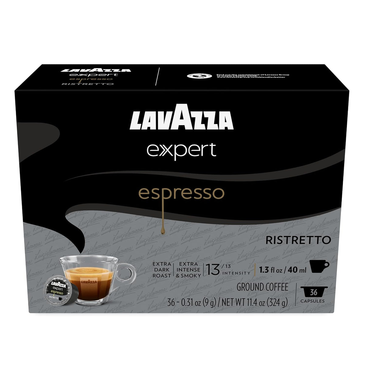 Lavazza Expert Espresso Ristretto Capsules, 36 Count, Extra Dark Roast, Arabica and Robusta Blend