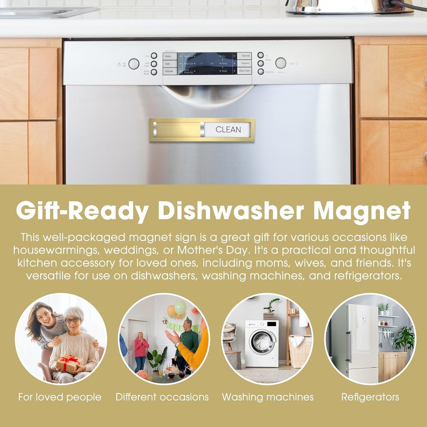 Clean Dirty Magnet for Dishwasher, Champagne Gold | Premium 304 Stainless Steel, Sleek Gold Finish Blends Seamlessly With Modern Appliances