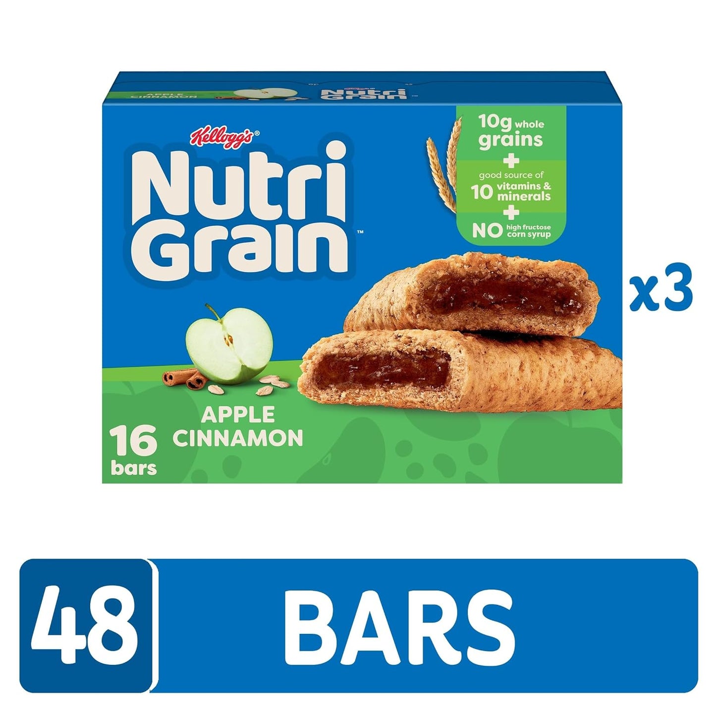 Nutri-Grain Breakfast Bars, 10g Whole Grains, 48 Count, Apple Cinnamon