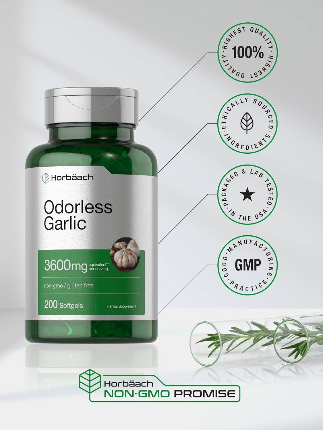 Horbäach Odorless Garlic Softgel Supplement | 200 Pills | Ultra Potent Concentrated Herbal Extract | Non-GMO & Gluten Free