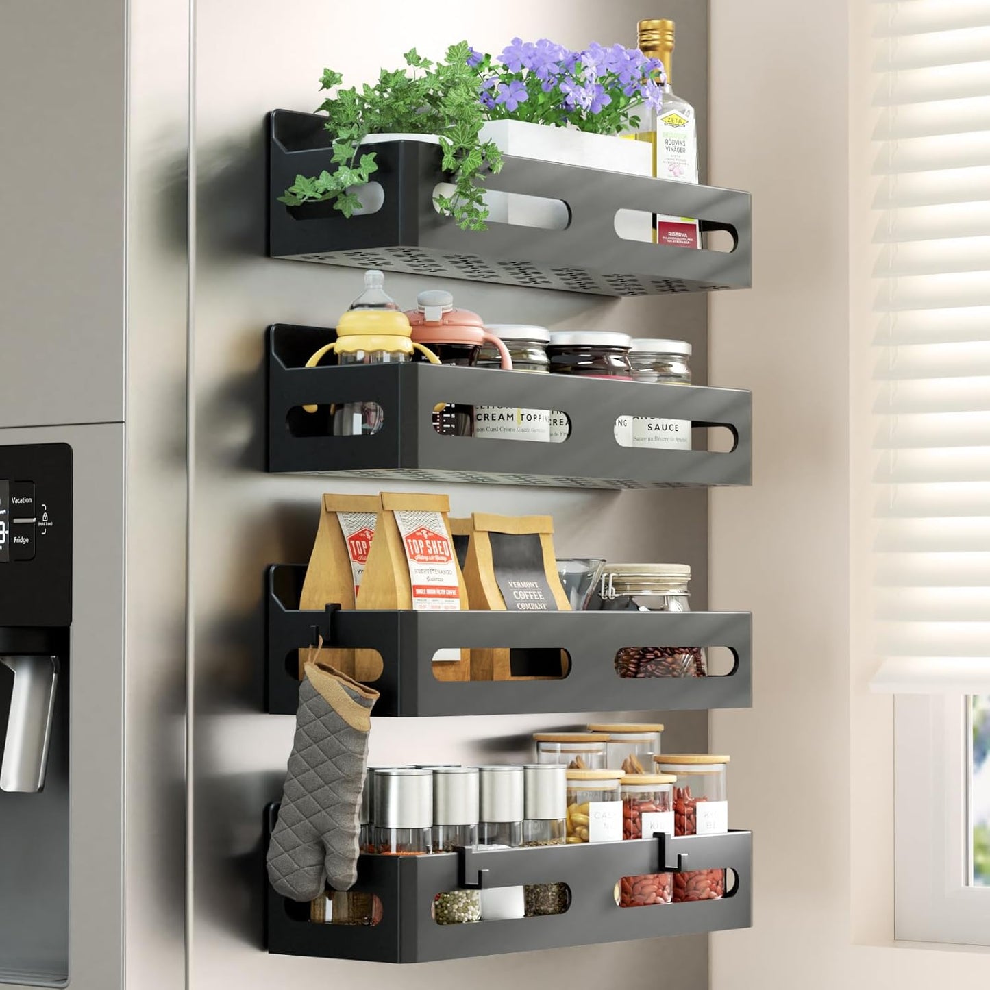 4 Pack Strong Magnetic Spice Rack for Refrigerator, Multipurpose Magnetic Shelf for Fridge with 4 Hooks for kitchen and Bathroom Organization, Black