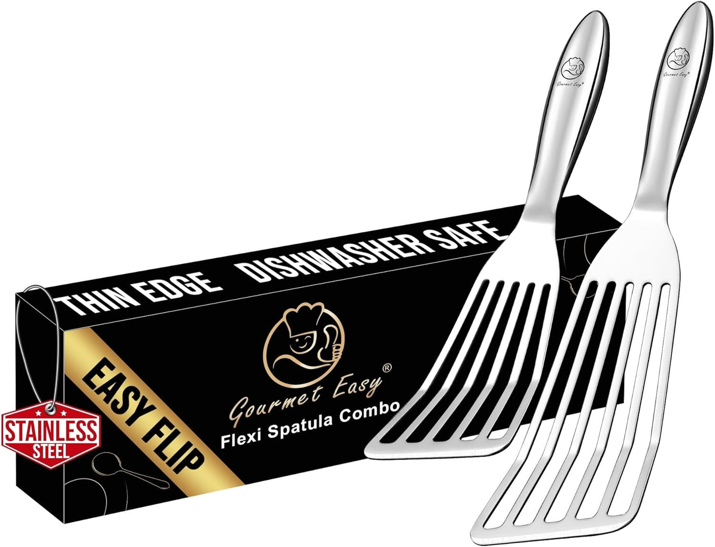 Gourmet Easy Fish Spatula Set, Ultra-Thin Edge for Easy Turning & Flipping | Stainless Steel, Kids Friendly, Ergonomic Non-Slip Grip for Secure Control, Versatile Use, Dishwasher Safe, 5-Year Warranty