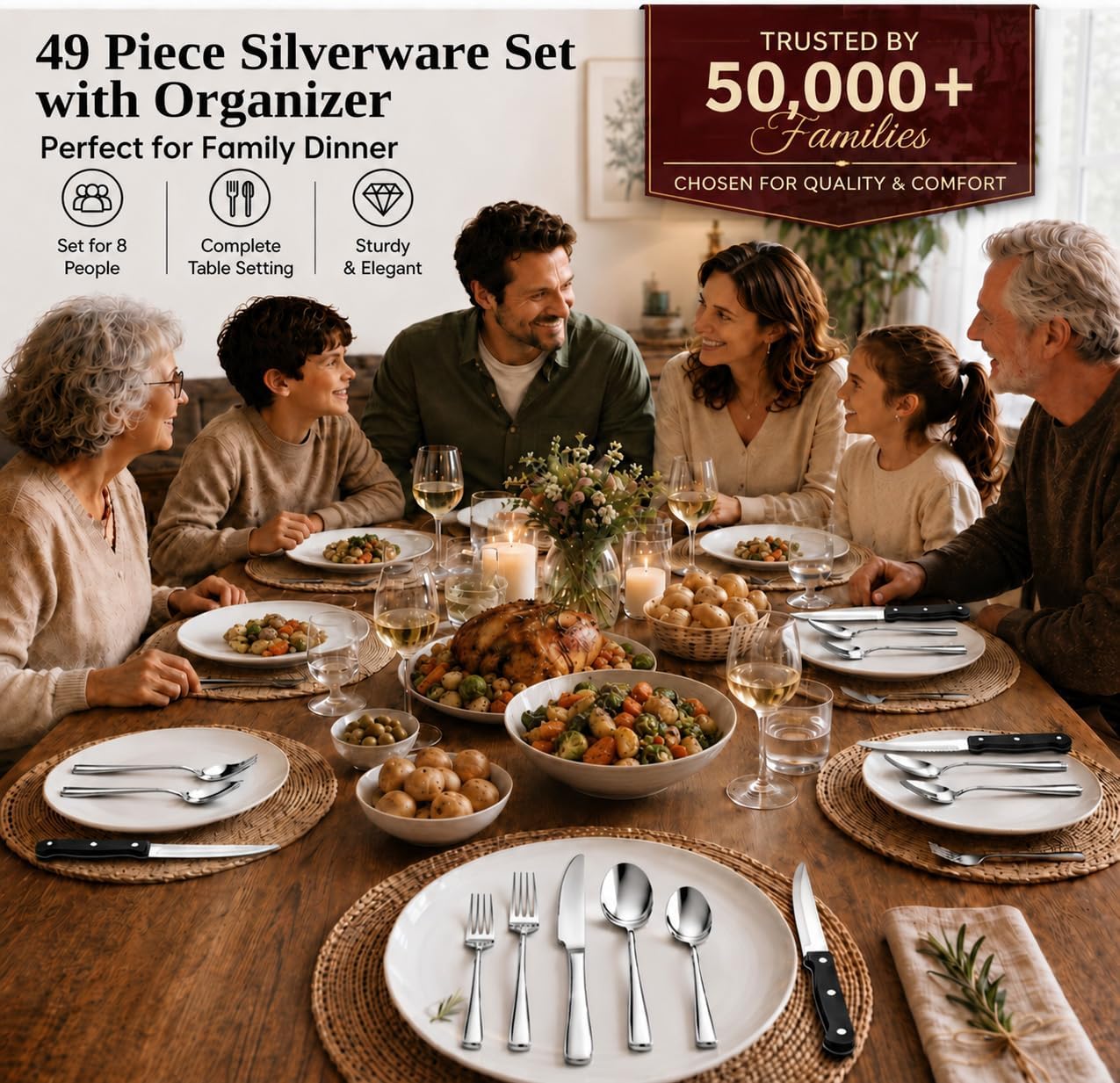 49-Piece Silverware Set with Organizer, Stainless Steel Flatware Utensils Set for 8, Forks and Spoons Silverware Set Cutlery Set with Steak Knives, Dishwasher Safe