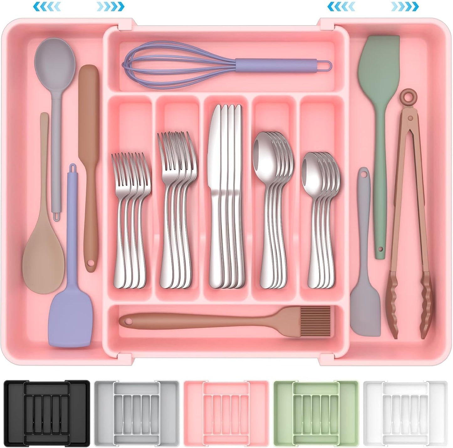 ukeetap Extra Large Expandable Silverware Organizer, BPA-Free Food-Safe Cutlery Flatware Organizer, Kitchen Utensil Drawer Organizer, Adjustable Silverware Holder for Spoons Forks Knives, Black