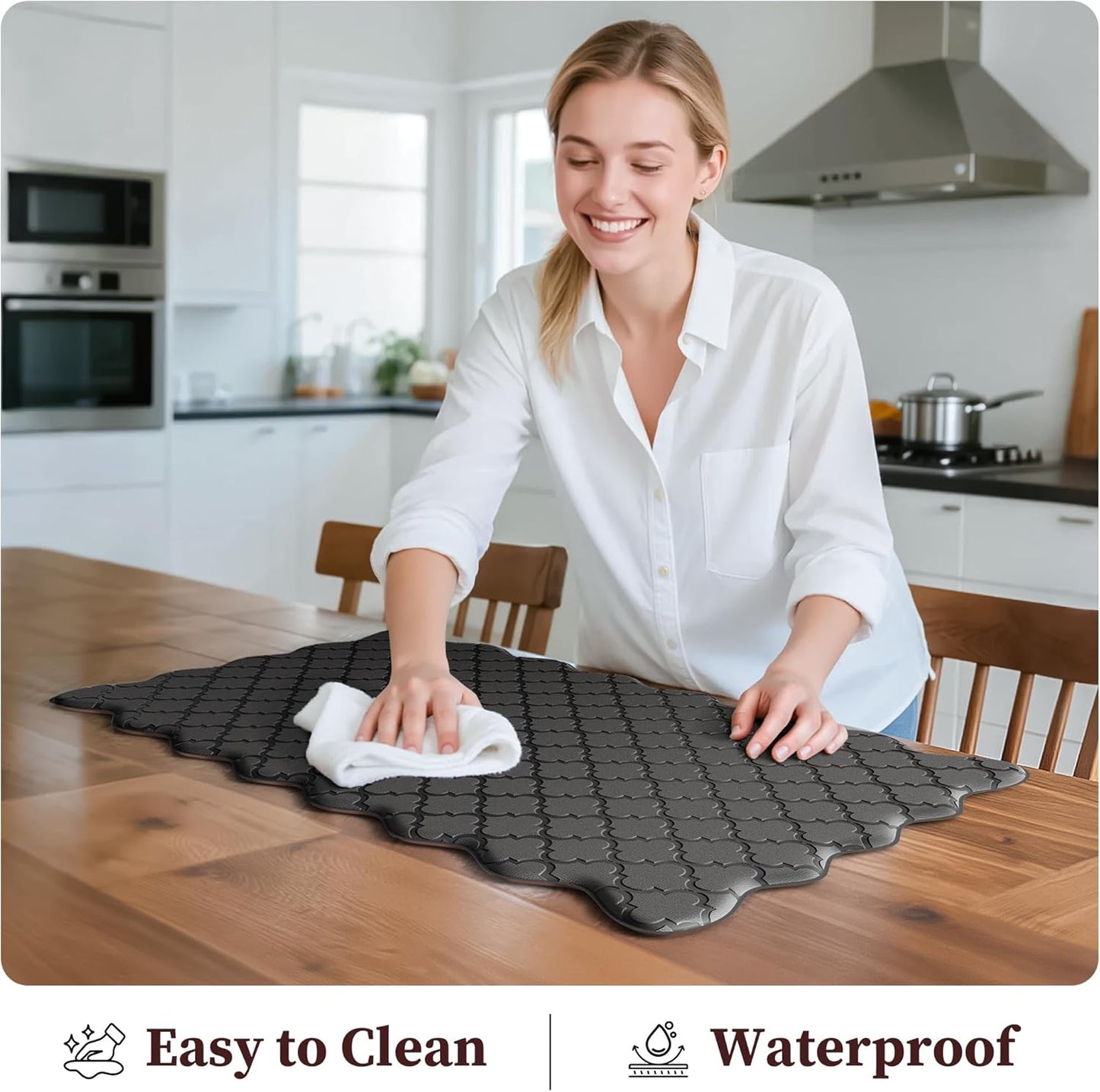 Arenarug Upgrade Scalloped Embossed Kitchen Mats for Floor 2PCS Cushioned Anti Fatigue Waterproof Foam Kitchen Rugs Non Slip Washable Comfort Standing Mat for Office Sink Laundry, Black