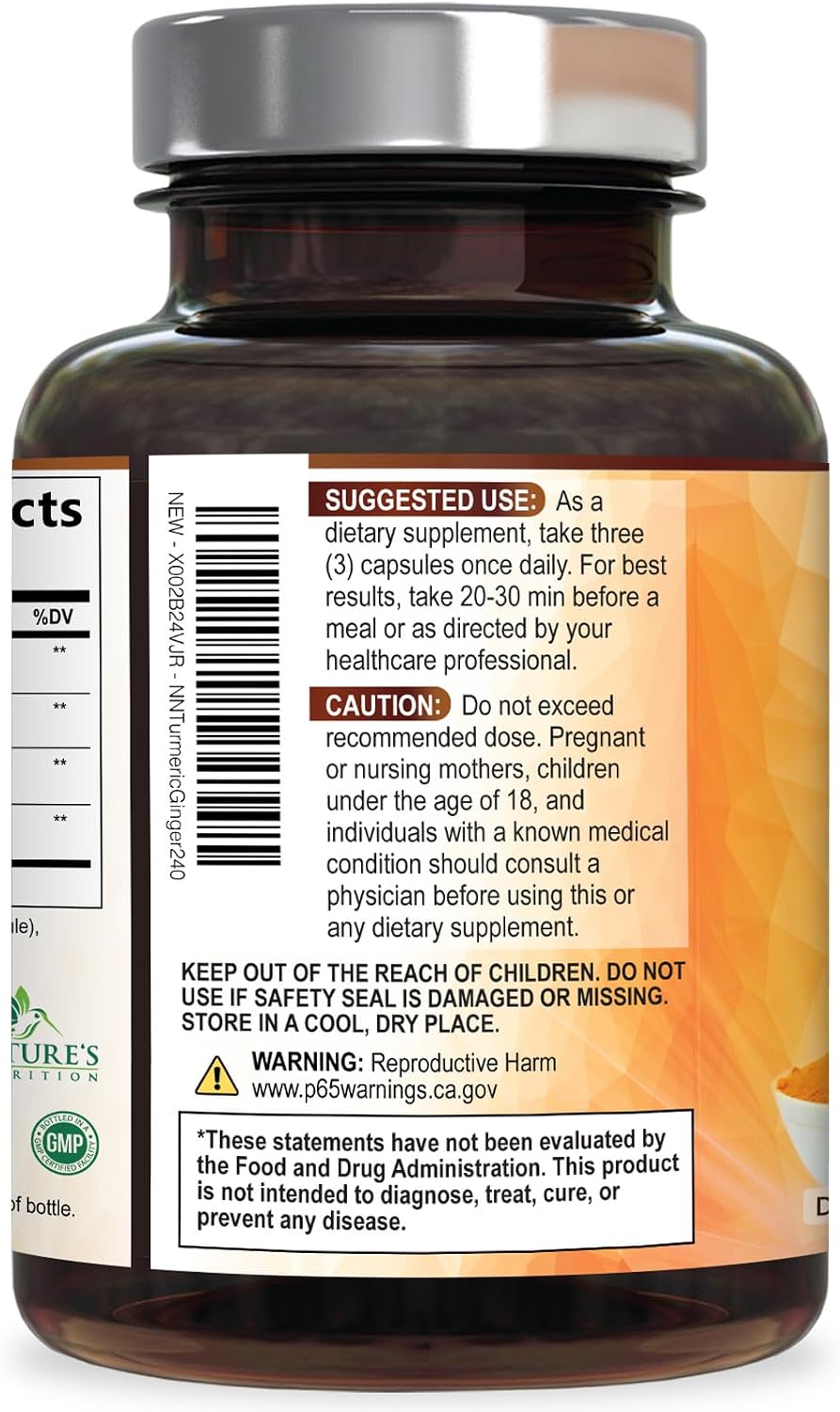 Turmeric Curcumin Supplement - 95% Curcuminoids with Organic Turmeric & Ginger, BioPerine Black Pepper Extract for Best Absorption, Natural Vegan Joint Support, Non-GMO, Bottled in USA - 240 Capsules