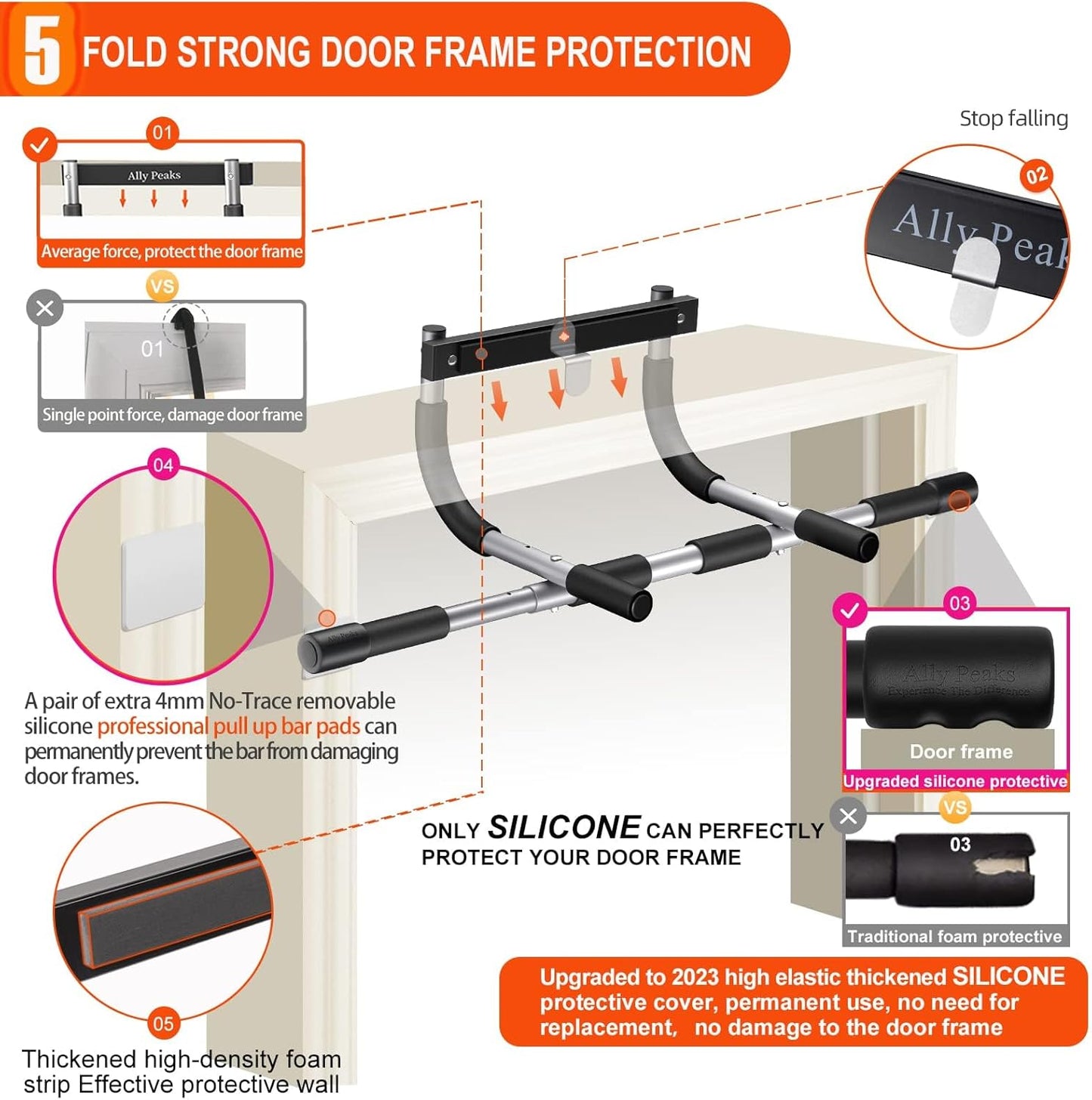 Ally Peaks Adjustable Doorway Pull Up Bar, 500 lb Capacity, Silicone Protection