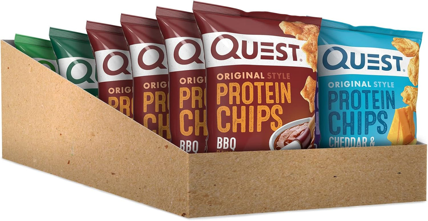 quest nutrition protein chips variety pack, 12-pack, bbq, cheddar, sour cream, high protein, low carb, 1.1 oz