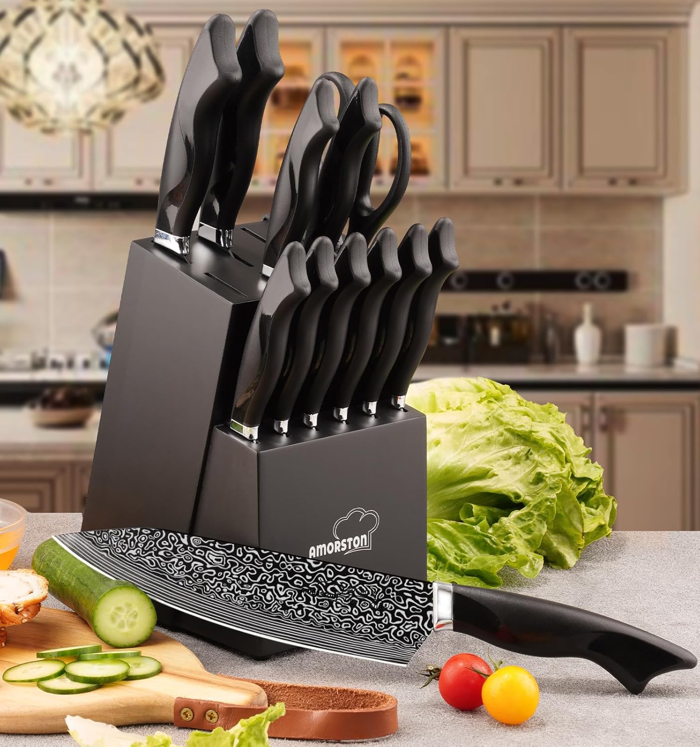 Knife Set, 15 Pieces Kitchen Knife Set with Built in Sharpener, High Carbon German Stainless Steel Knife Block Set, Dishwasher Safe, Fathers Day Gift for Men