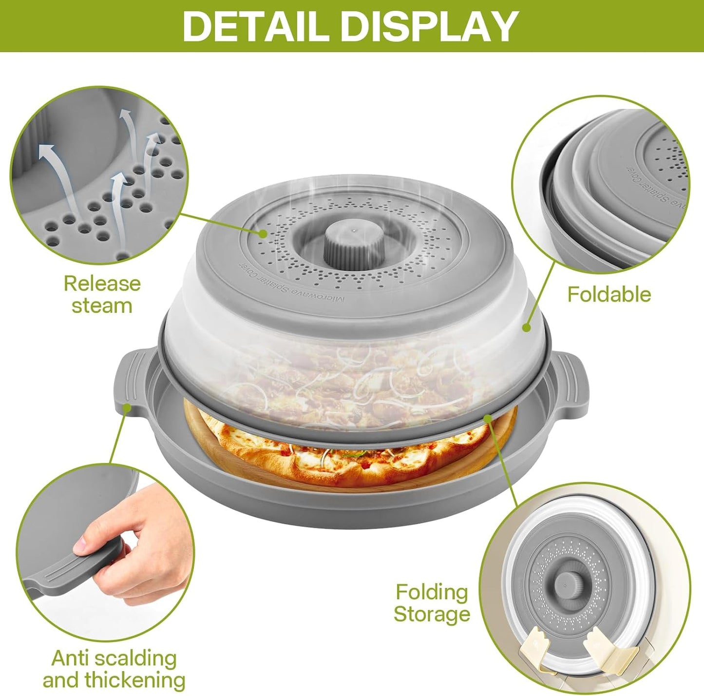 Microwave Splatter Cover for Food with Anti-Scald Base Plate and Handles, Large BPA-Free Silicone Vented Collapsible Guard Lid, Kitchen Essential Gadget for Meal Prep, 10.7 Inch(gray)