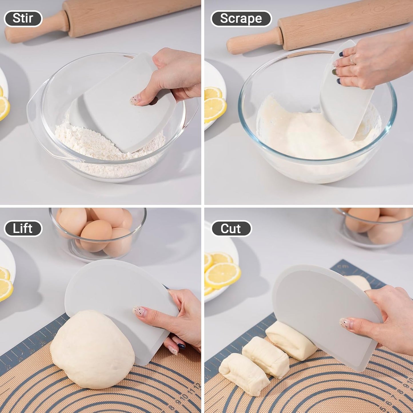 Sapid Flexible Curved Edge Silicone Bowl Scraper Dough Scraper Baking Bread | Food Grade Bench Scraper for Baking Sourdough Bread, Cake, Multipurpose Kitchen Dish Scrapers, Easy Clean (5.98"x4.3", Gray)