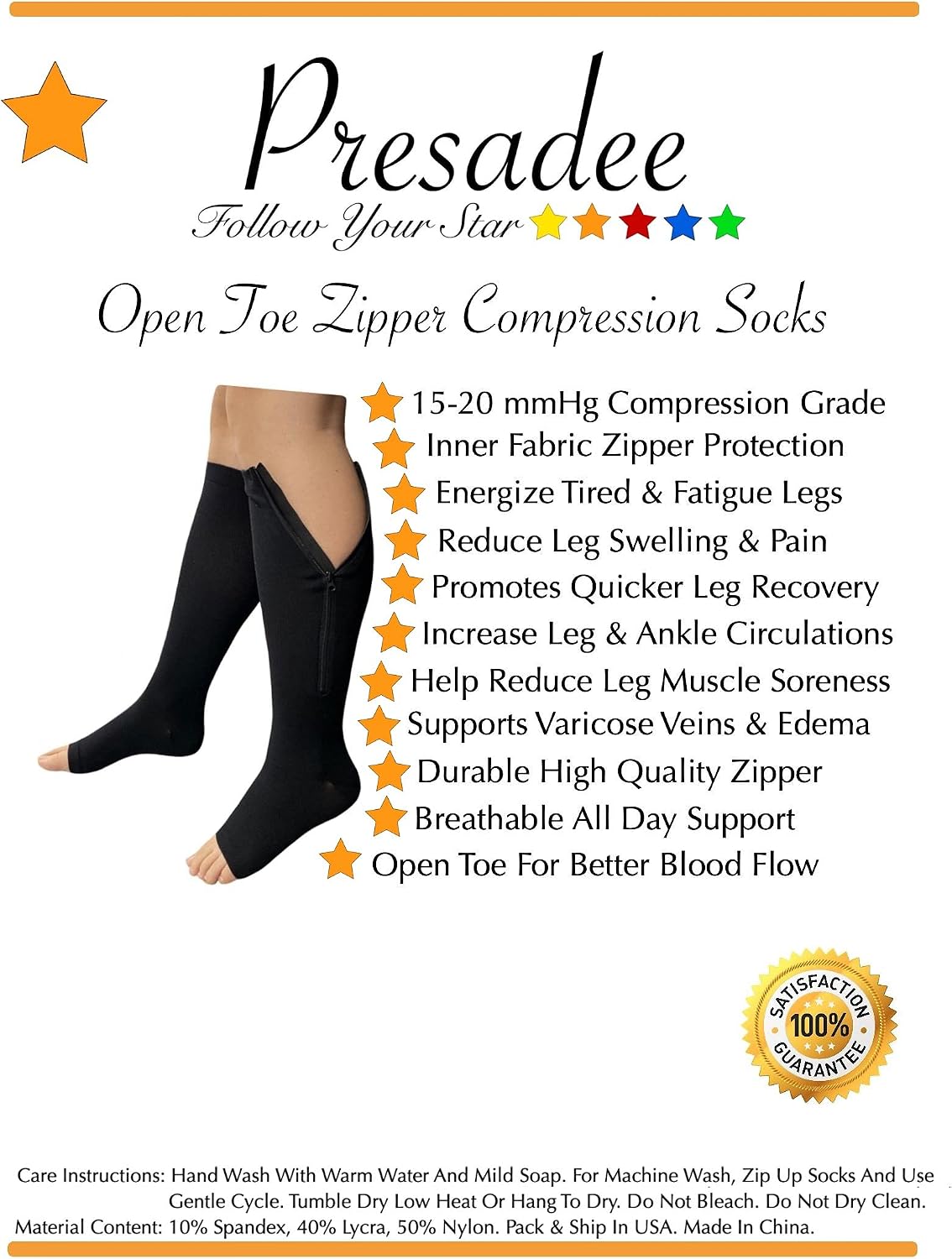 Presadee 15-20 mmHg Moderate Compression Open Toe Zipper Sock