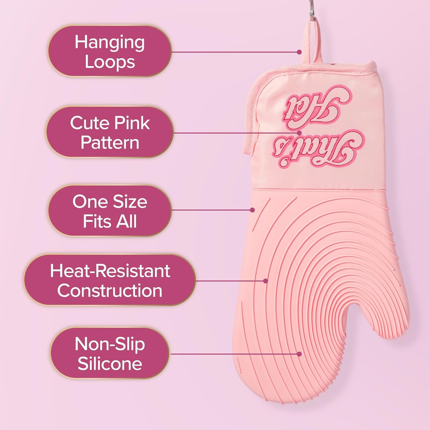 Paris Hilton Oven Mitt Set with Iconic That's HOT Design, Heat Resistant Pot Holders Featuring Non-Slip Textured Silicone Grips, 2-Piece Set, Pink