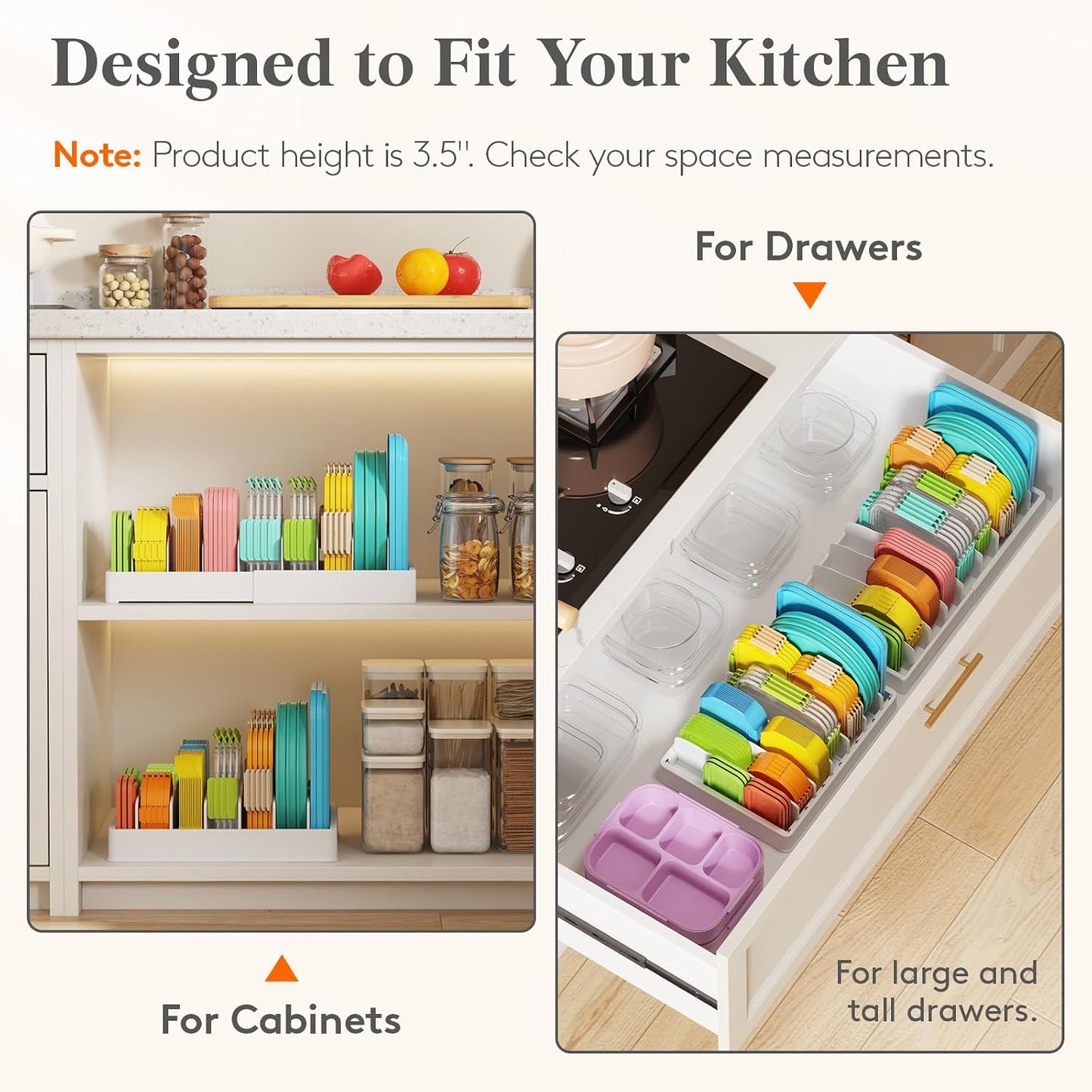 Lifewit Kitchen Cabinet Organizer for Food Contanier Lid, Lid Holder with 6 Adjustable Dividers & 7 Sections for Pantry Organizers and Storage, Home Drawer Organization, Large, 13" x 10"