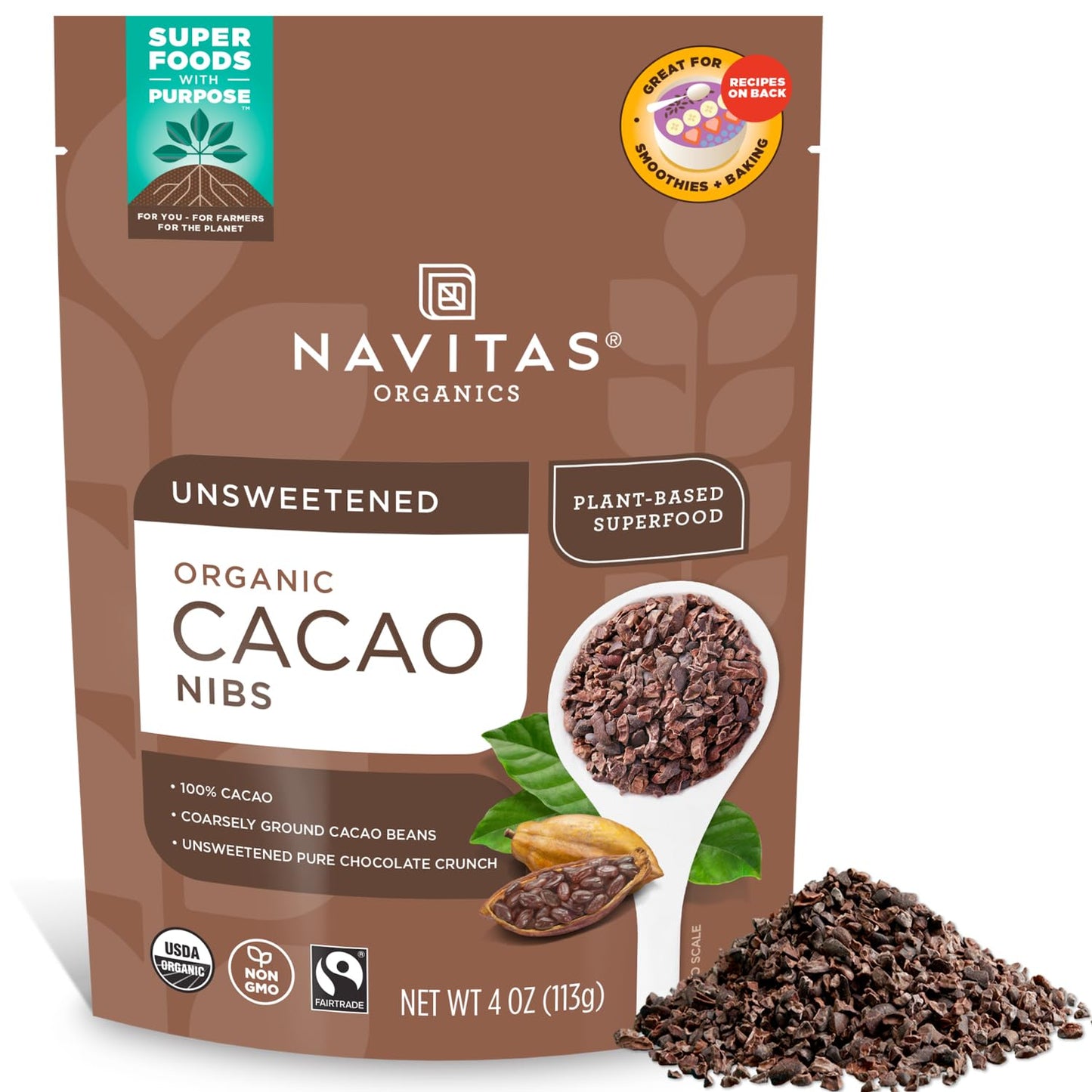 Navitas Organics Cacao Nibs – Unsweetened Dark Chocolate Crunch – Antioxidants, Minerals, Fiber – For Trail Mix, Baking & More – USDA Organic, Fairtrade, Non GMO, Gluten Free, Non-alkalized (16oz. Bag 151 Servings)