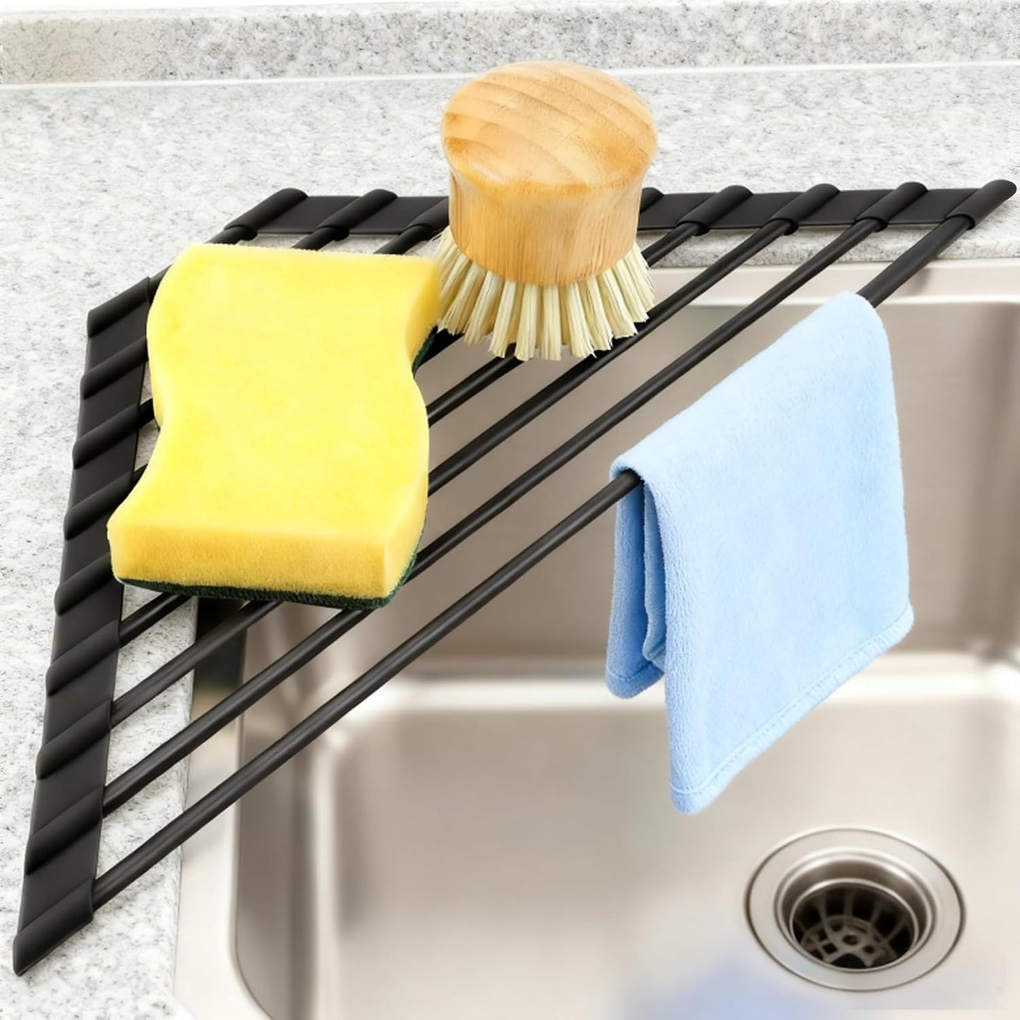 MERRYBOX Roll Up Dish Drying Rack Silicone Wrapped Over The Sink Dish Drying Rack Multipurpose Foldable Sink Drying Mat Anti-Slip & Anti-Rust Dish Rack for Kitchen, 17.5" x 13", Black