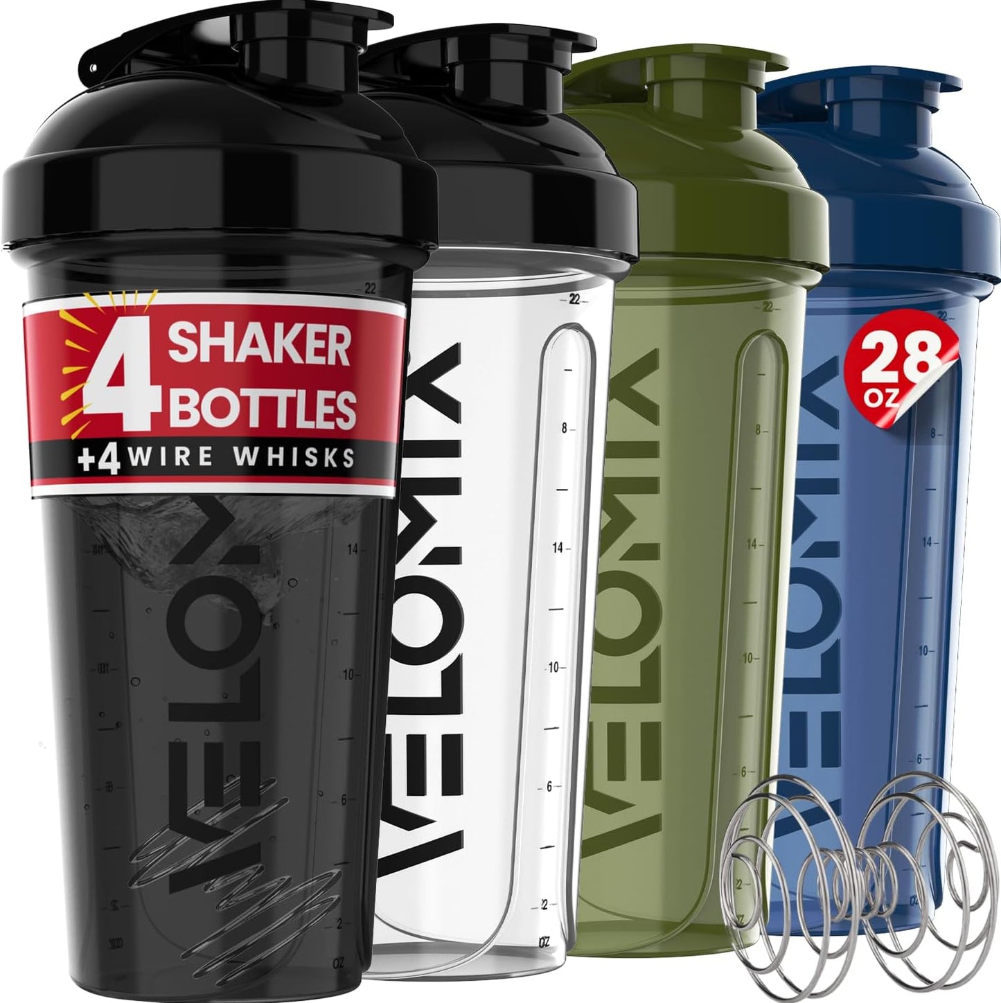 VELOMIX 28oz Protein Shaker Bottles - 4 Pack, Leak Proof