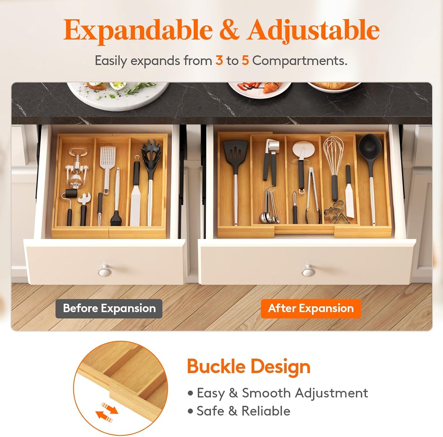 Lifewit Utensil Organizer for Kitchen Drawer, Expandable Cooking Utensil Tray, Cutlery Silverware Flatware Holder, Wood Adjustable Spatula Tools Storage Divider, 12.6-22.8x14/ 32-58x35.6cm, Natural