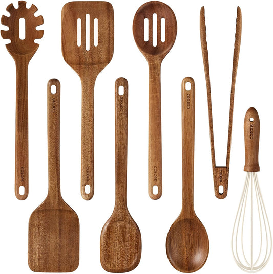 CAROTE Wooden Utensil Set, 8-Piece Acacia Wood Cooking Utensils | Nonstick Cookware Friendly, Durable, Heat-Resistant, Cool-Touch Handles, Hanging Loops, Everyday Kitchen Essentials