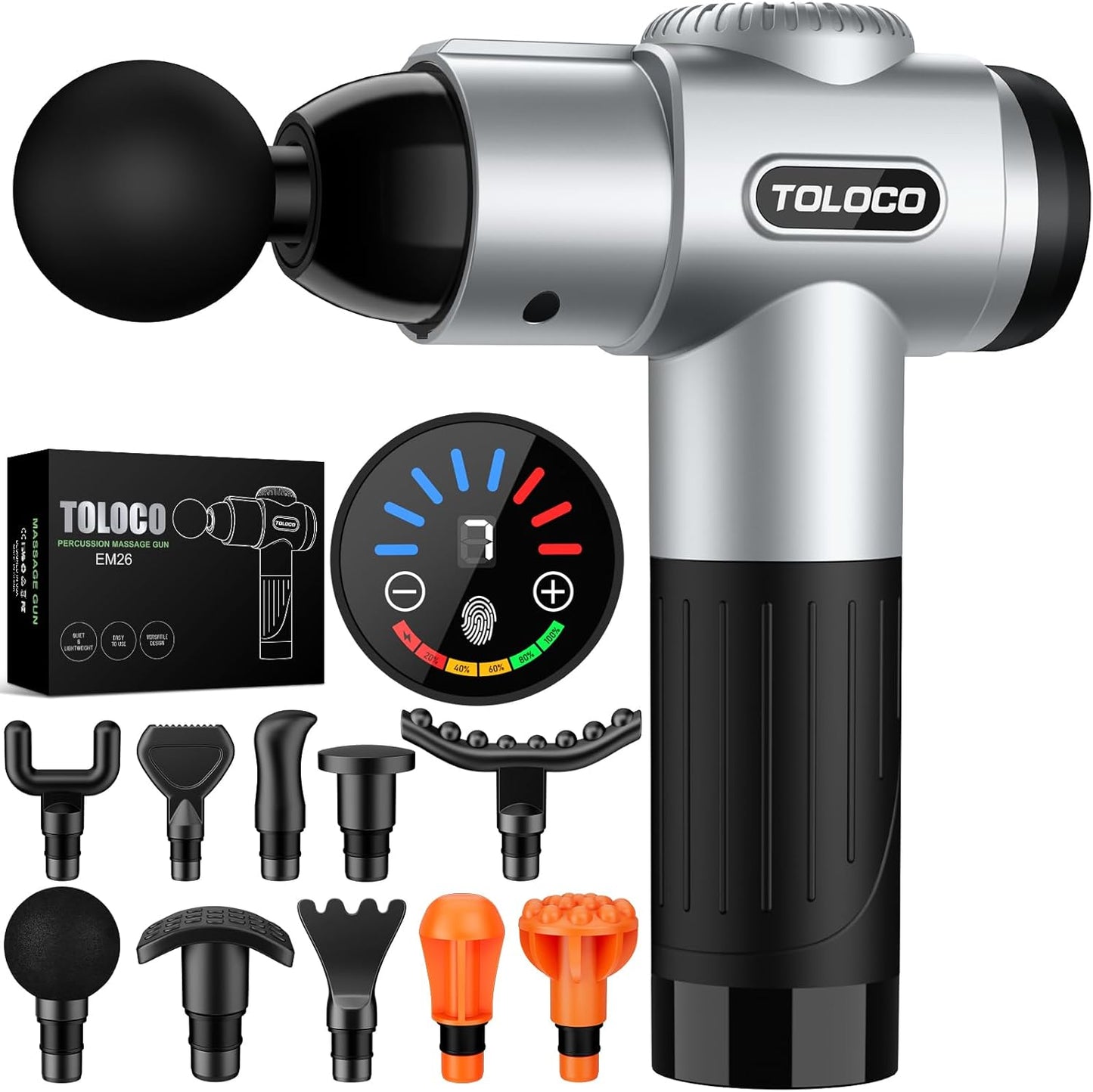 TOLOCO Massage Gun, Deep Tissue Back Massage, 10 Heads, Quiet Motor