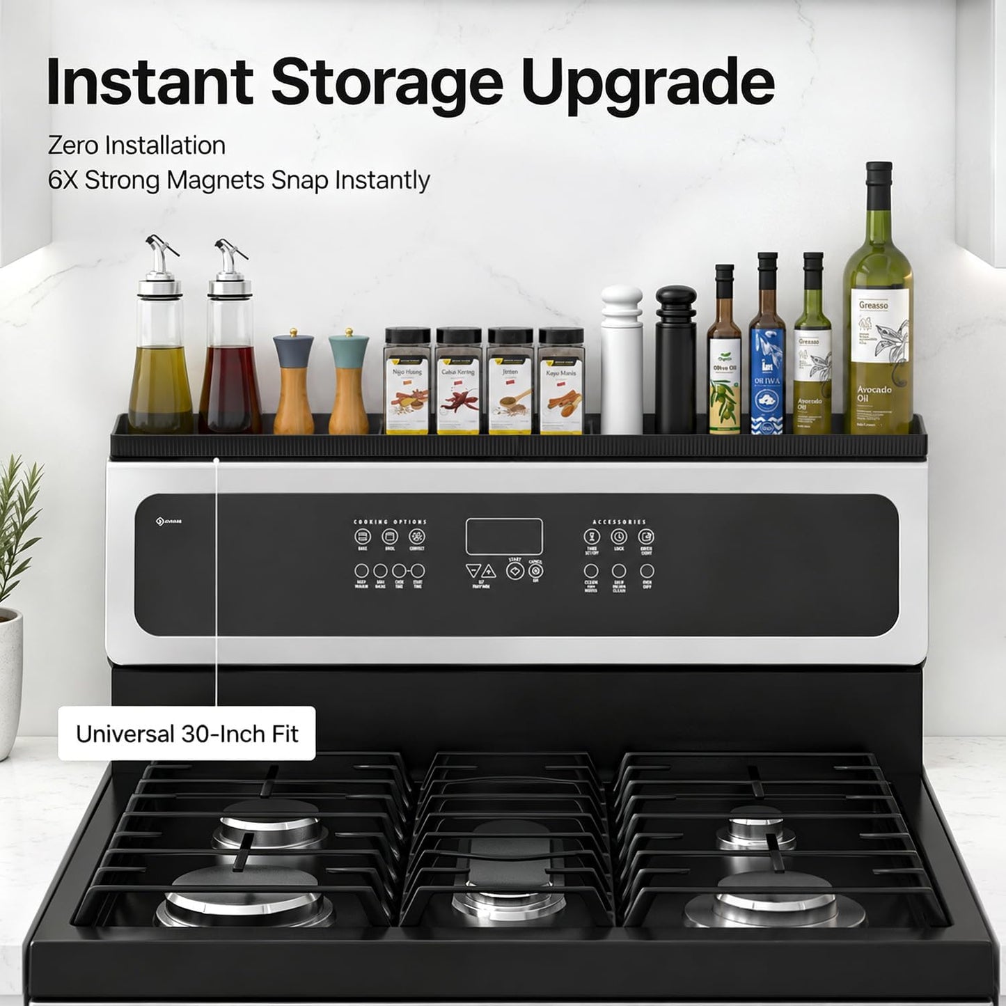 30" Magnetic Stove Top Shelf, Silicone Over the Stove Spice Rack Organizer | Heat Resistant Silicone, Anti-Rattle No-Scratch Range Shelf, 3 Functional Partitions Kitchen Storage for Spices