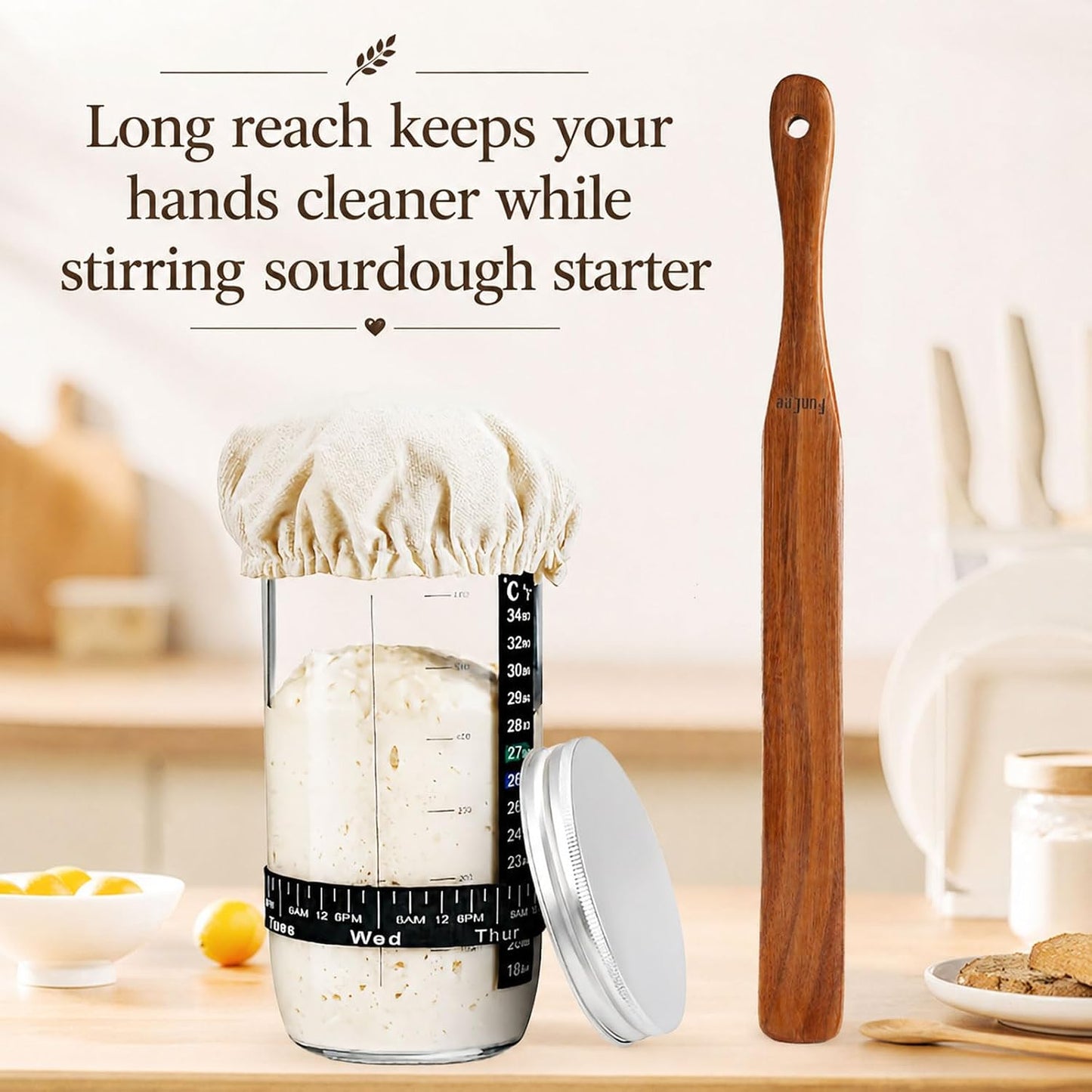 2 Pack Wooden Spurtle for Sourdough Starter, Mixing, Reaching Bottom of Jar, Dough Whisk, Long Handle Jar Spatula, Spurtles Kitchen Tools Teak Wood Kitchen Utensils kit for Baking, Cooking