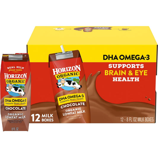 Horizon Organic Shelf Stable 1% Lowfat DHA Omega-3 Chocolate Milk Boxes, Pack of 12 - 8g Protein per Serving