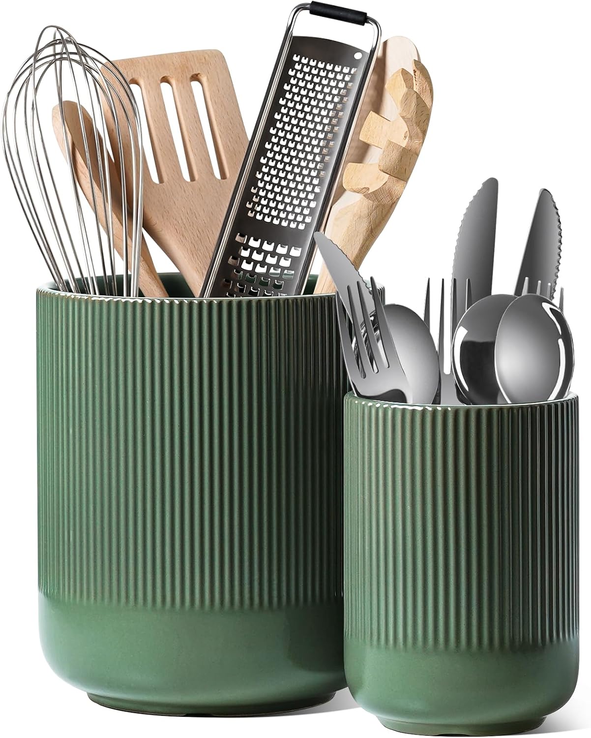 LE TAUCI Utensil Holder for Kitchen Counter, 7.3"+5.4" Fluted Ceramic Utensil Crock Organizer for Countertop, Heavy Large Holder for Spatulas, Spoons, Set of 2, White, Kitchen Counter Decor