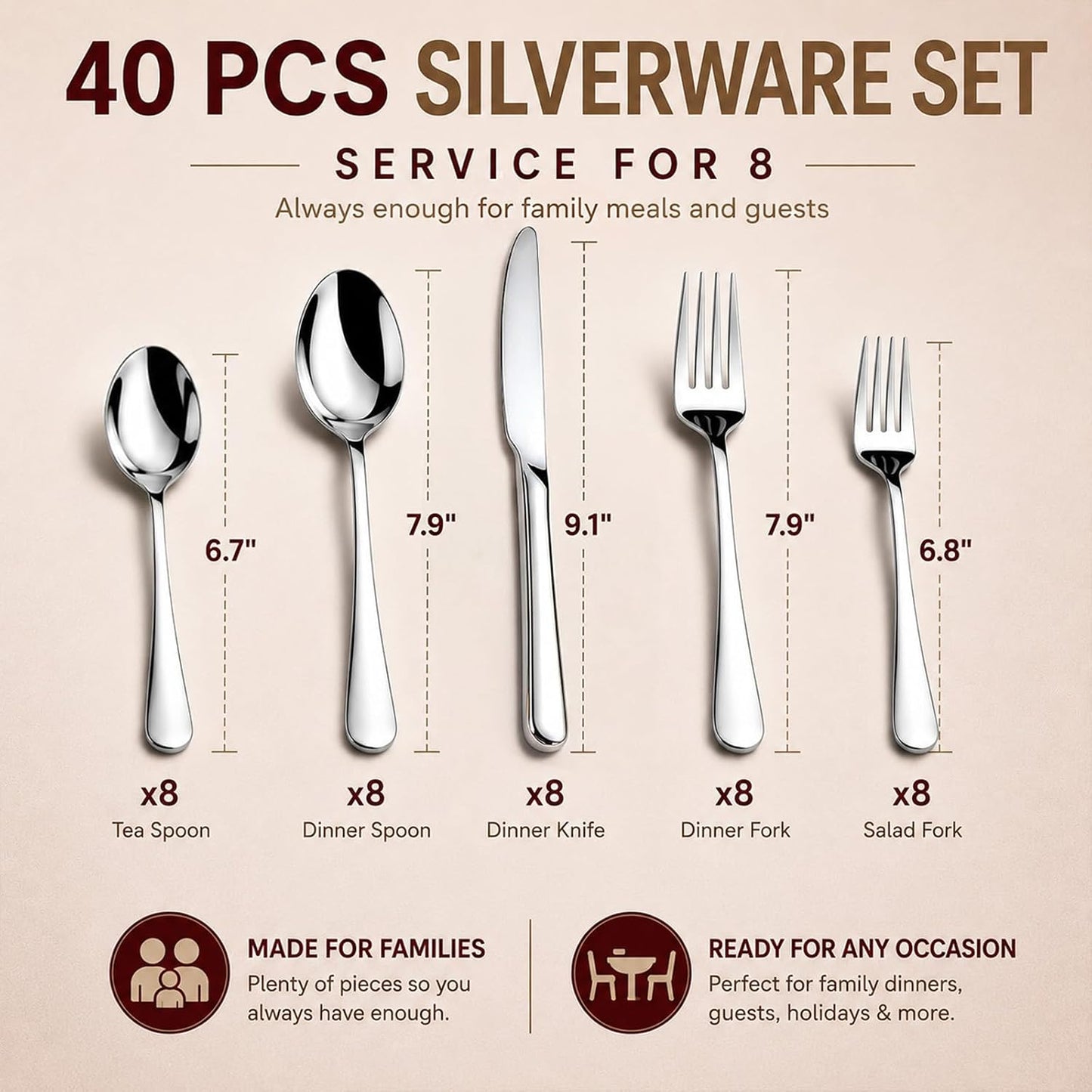 KIKCOIN 40 Pack Silverware Set for 8, Food-Grade Stainless Steel Flatware Set, Heavy Duty Mirror Polished Cutlery Utensils Set with Knives Spoons and Forks Set for Home Kitchen Restaurant Wedding