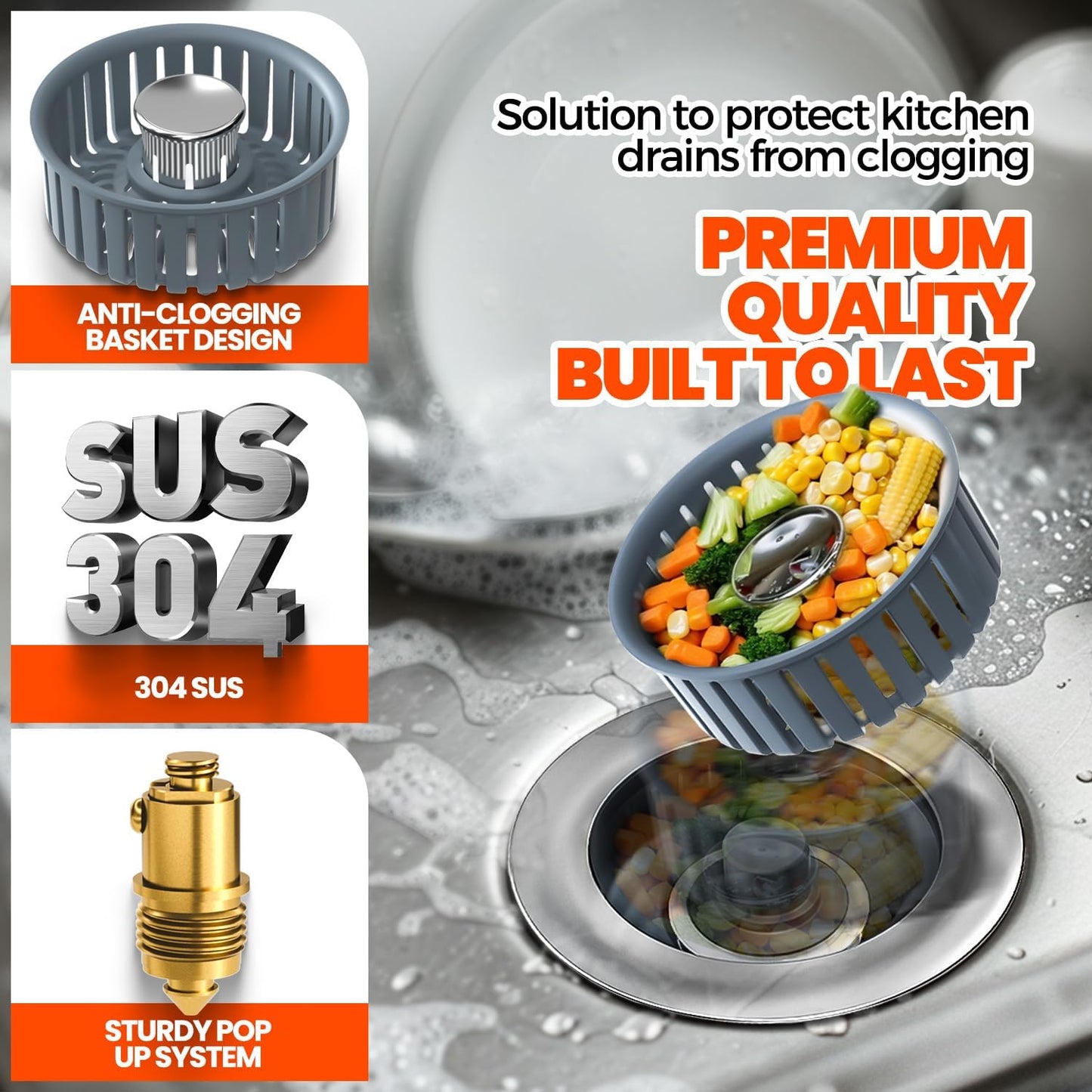 3 in 1 Kitchen Sink Drain Strainer and Stopper Silver 1 Pack | Kitchen Sink Accessories Strainer Basket with Removable Insert - Stainless Steel Food Catcher, Easy Clean Pop-Up