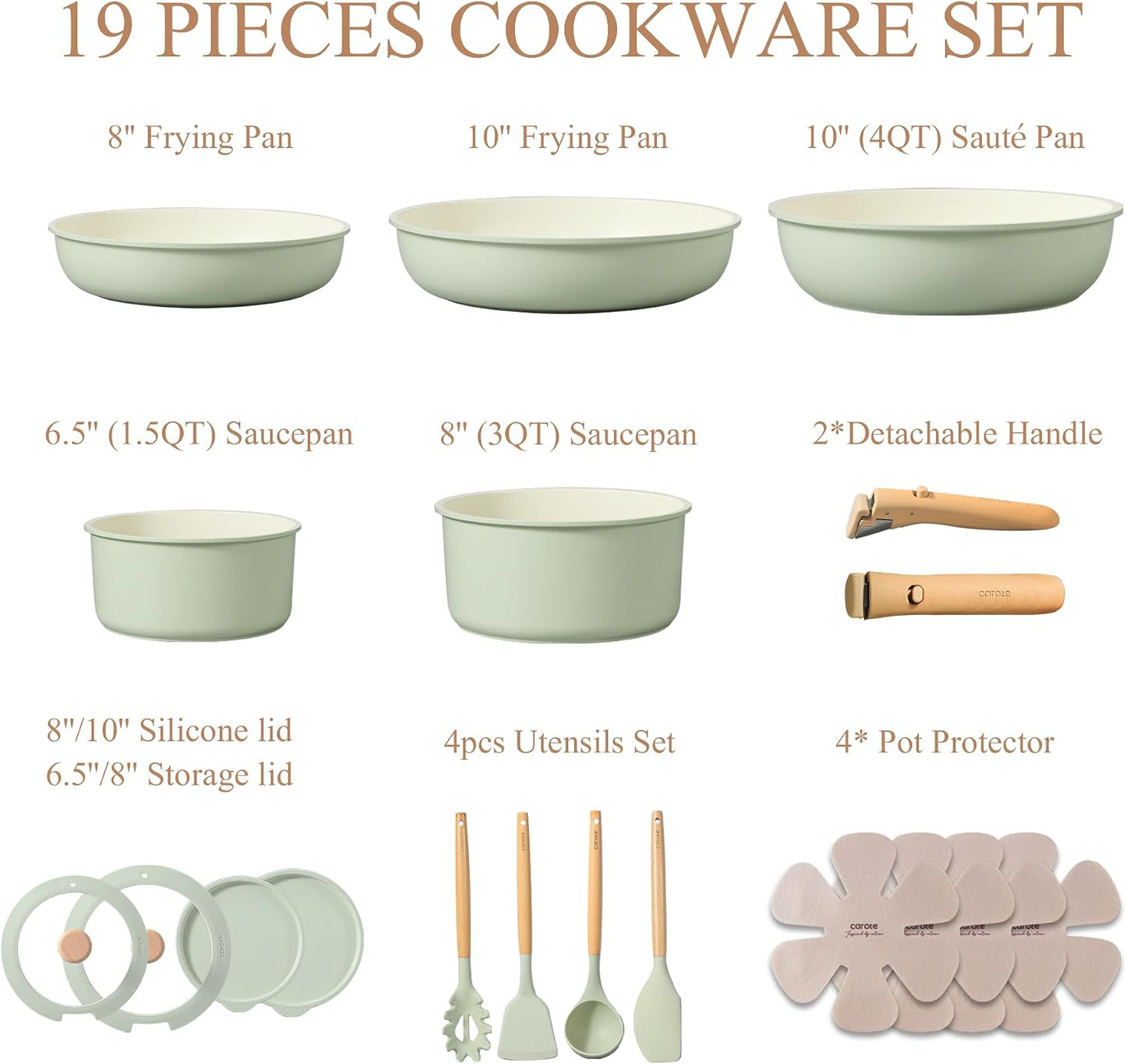 CAROTE 19pcs Pots and Pans Set Non Stick, Detachable Handle Cookware | Kitchen Cooking Sets, Space Saving, Dishwasher & Oven Safe, Non-Toxic, for Camping/RV/Traveling, Sage Green