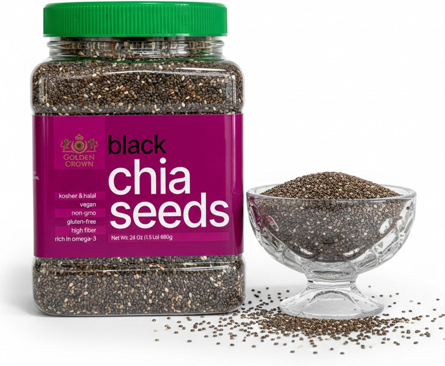 Golden Crown Black Chia Seeds- Gluten-Free Superfood | Rich in Omega-3 & Fiber | Keto Friendly Chia Seeds | Perfect For Chia Pudding, Smoothies, Salads, Baking & More, 24 Oz (1.5 Lb)