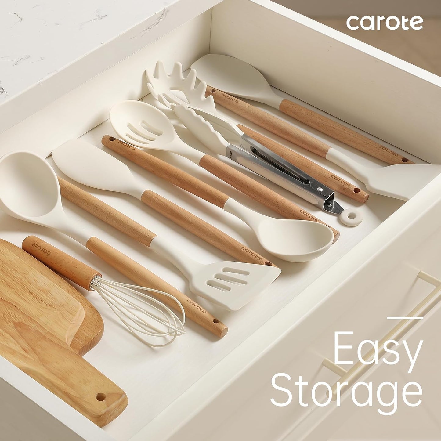 CAROTE 10-Piece Kitchen Utensils Set with Wood Cool-Touch Handles, Cream | Silicone Cooking Utensil, Food Grade, Nonstick Cookware Friendly, BPA-Free, Heat-Resistant, Everyday Home Essentials, Gifts