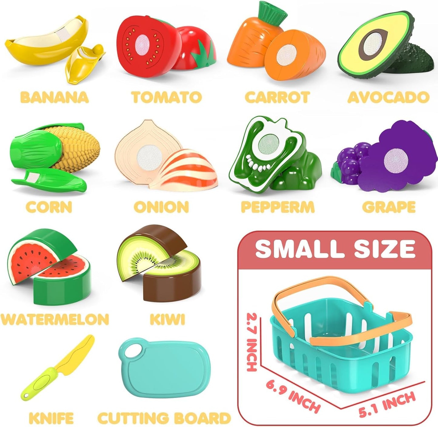 Cutting Play Food Toys for Kid, Pretend Play Kitchen Accessories, Fake Food | Fake Fruits/Vegetables Set With Shopping Storage Basket, Plastic Board And Knife, Birthday Gifts/Educational Toy For Toddler