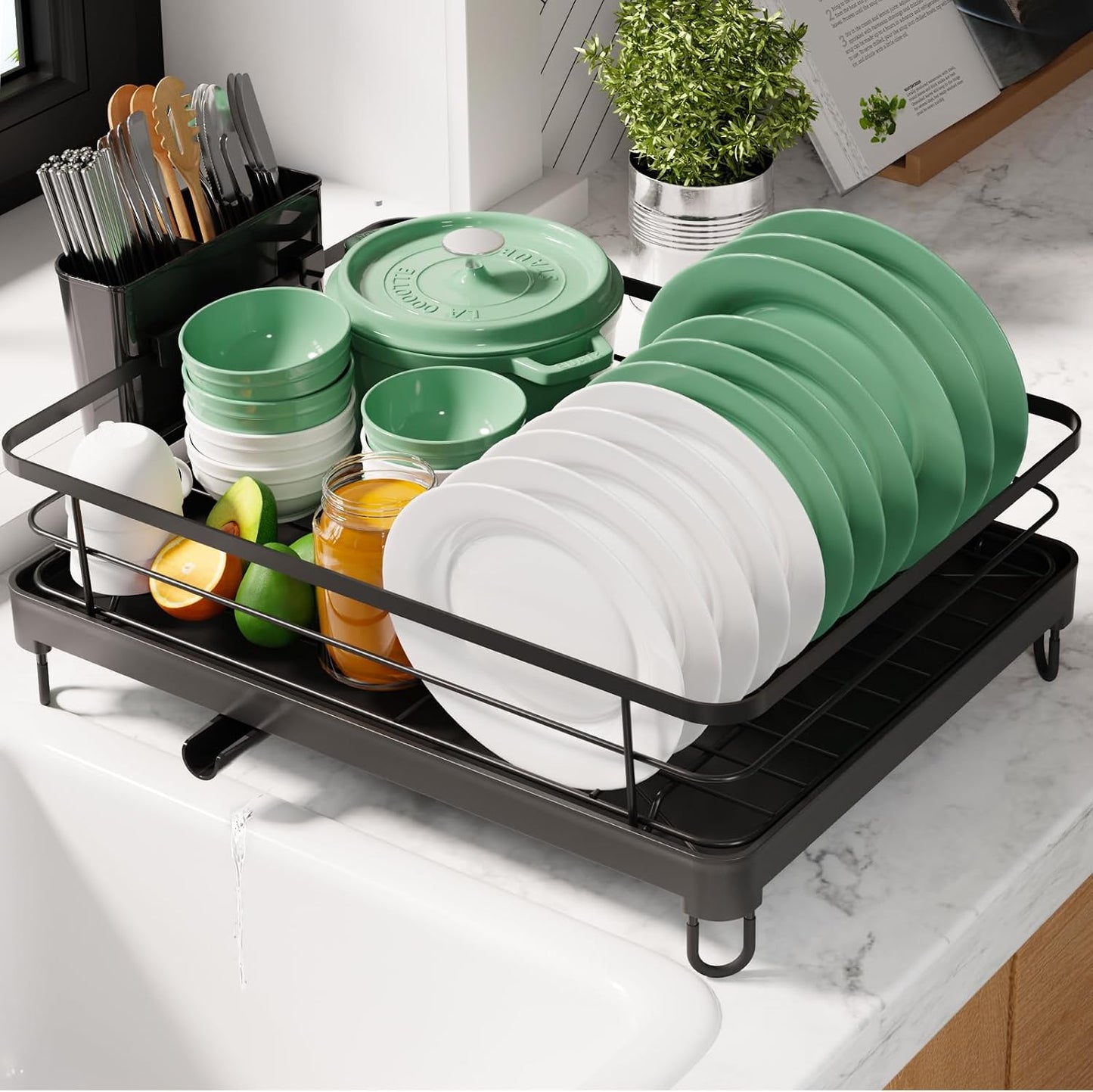 Kitsure Dish Drying Rack for Kitchen Counter, 12''W x 15.5''L, Black | Stainless Steel Sink Organization, Cutlery Holder, Home and Appartment Decor