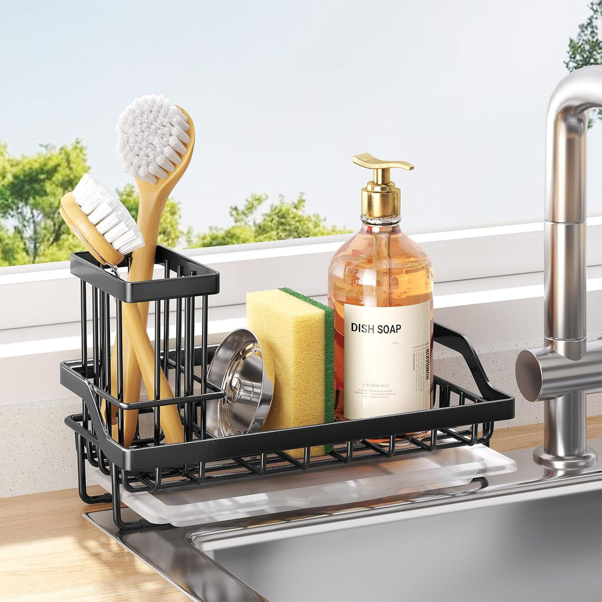 Consumest Sponge Holder for Kitchen Sink - Kitchen Sink Caddy Organizer with Removable Drip Tray for Countertop Dish Soap Dispenser Brush Storage Accessories 304 Stainless Steel - Black