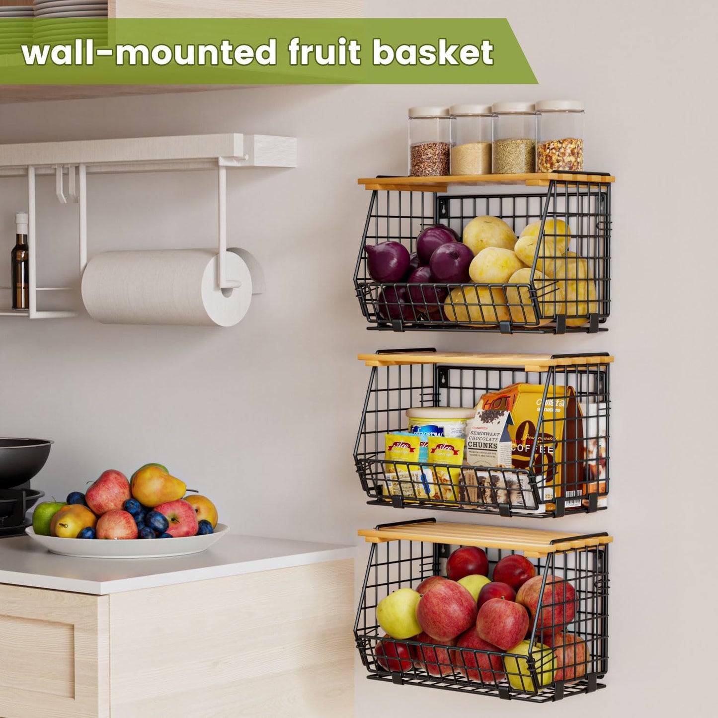 Hanging Fruit Basket for Kitchen, 3 Pack Vegetable Produce Basket | Wall Mounted & Countertop Wire Storage Basket for Potato Onion Fruits Vegetables, Pantry Organizers Storage
