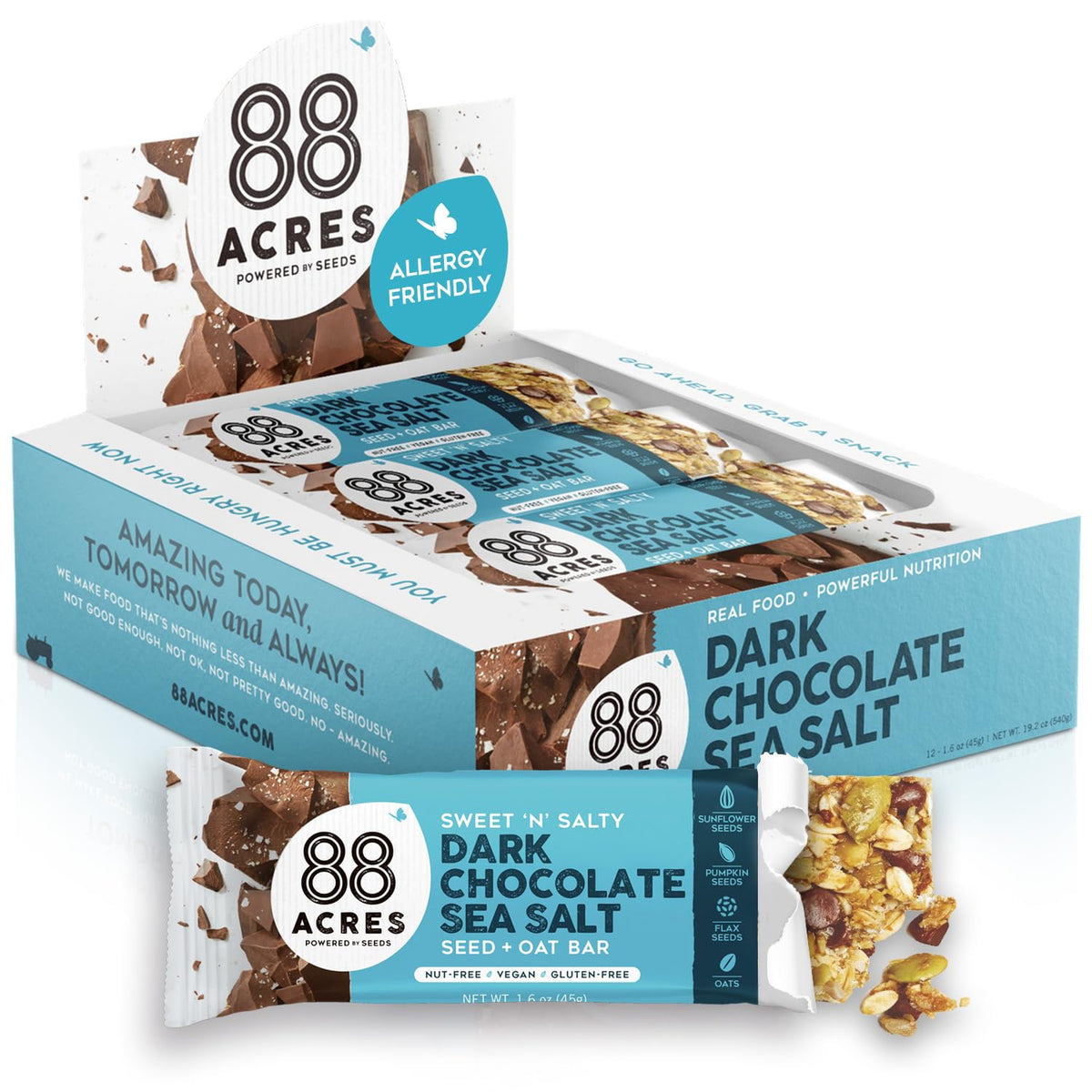 88 Acres Granola Bars, Dark Chocolate Sea Salt, 12 Count, Individually Wrapped, School Safe, Allergen Free