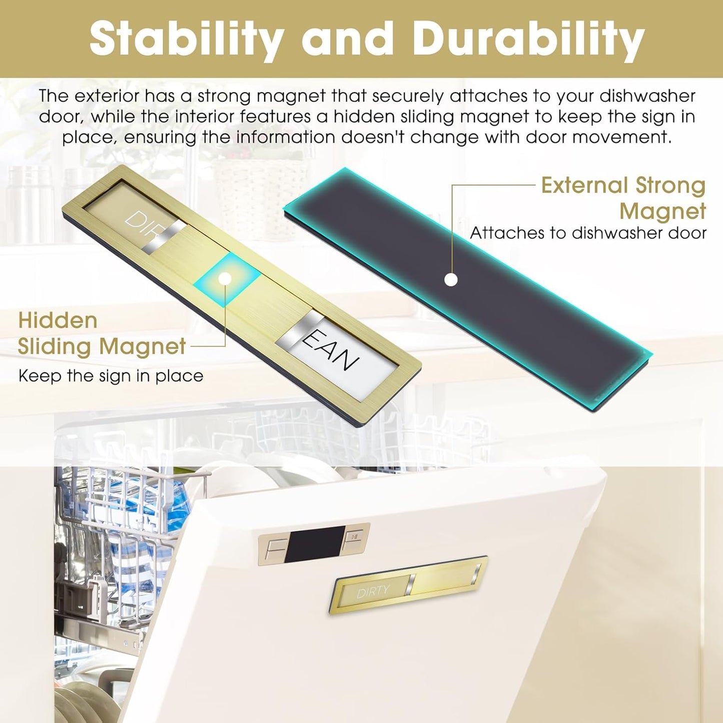 Clean Dirty Magnet for Dishwasher, Champagne Gold | Premium 304 Stainless Steel, Sleek Gold Finish Blends Seamlessly With Modern Appliances
