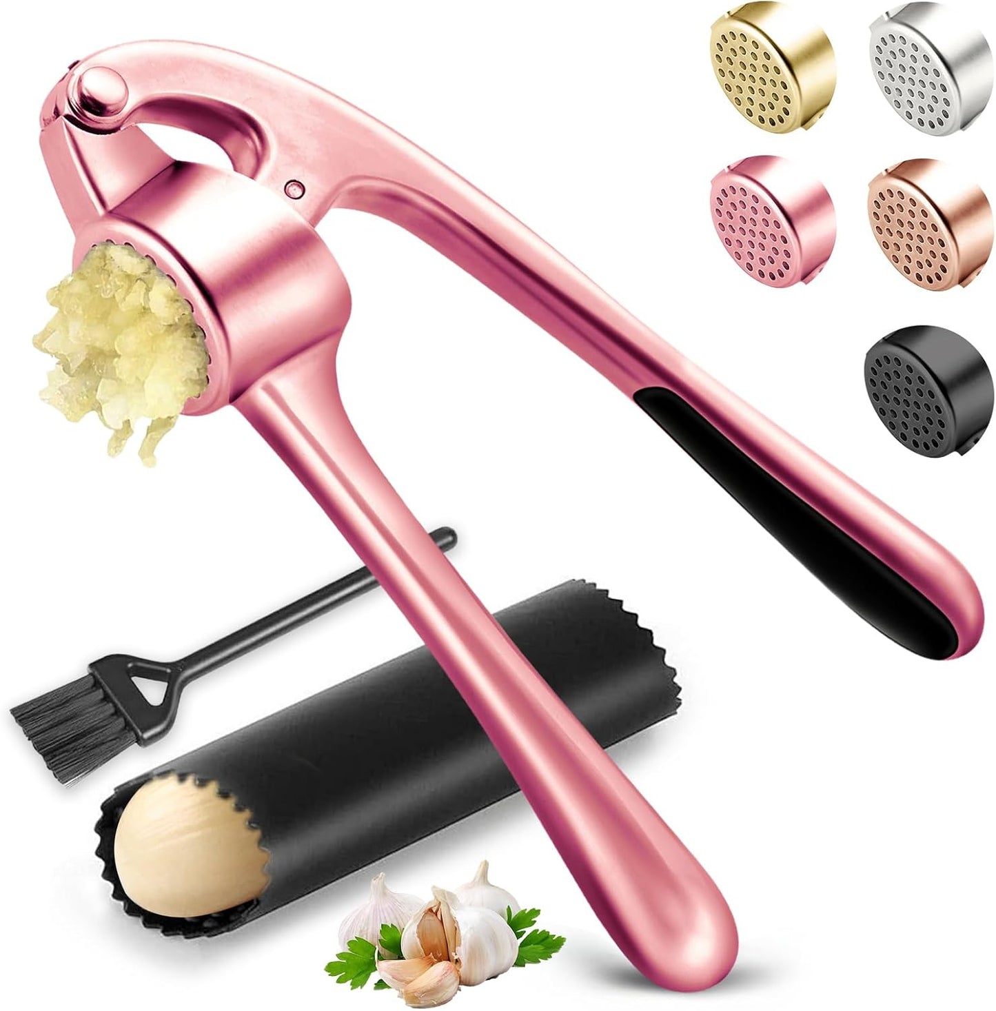 Kitchen Garlic Press, Rust Proof & Dishwasher Safe Garlic Mincer, Durable Garlic Crusher Set with Peeler＆Brush, Easy to Clean and Squeeze, Matte