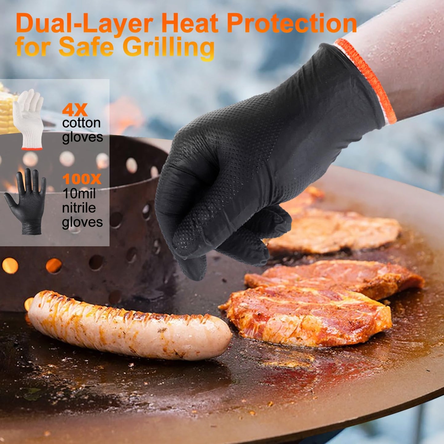 ANBOSON BBQ Gloves Disposable, Heat Resistant Grilling Gloves for Cooking | 10Mil Heavy Duty Nitrile Gloves-100Ct &4 Cotton Liners for Meat Handling Smoker for Hot Food Prep,Non-Slip Grip,Large,Black