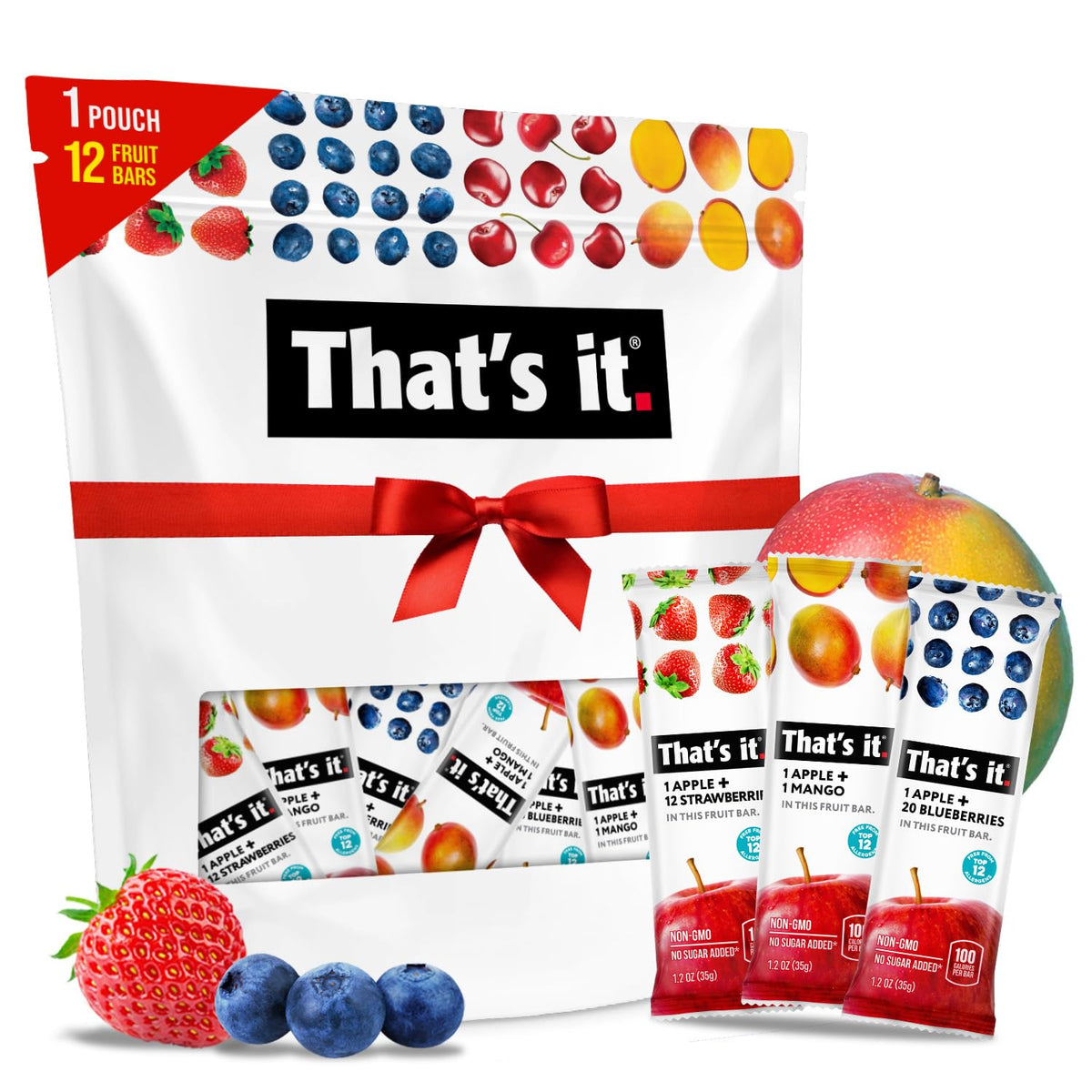 100% Natural Real Fruit Bar Variety Pack, High Fiber Vegan, Gluten Free, Non GMO, No Added Sugar, No Preservatives