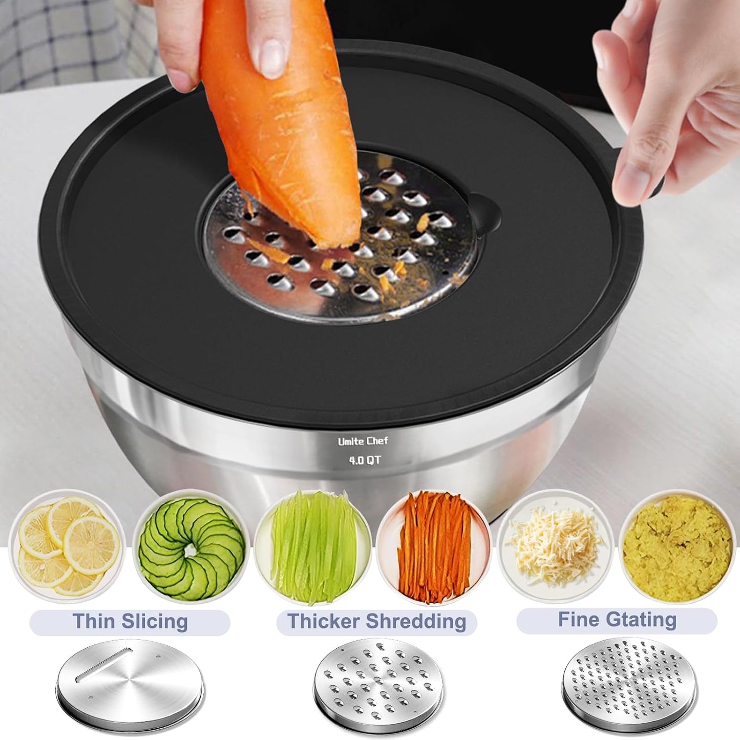 Umite Chef Mixing Bowls with Airtight Lids Set, 8PCS Stainless Steel Nesting Bowls Set, 3 Grater Attachments & Non-Slip Bottoms, Size 5, 4, 3.5, 2, 1.5QT for Baking & Mixing(Black)