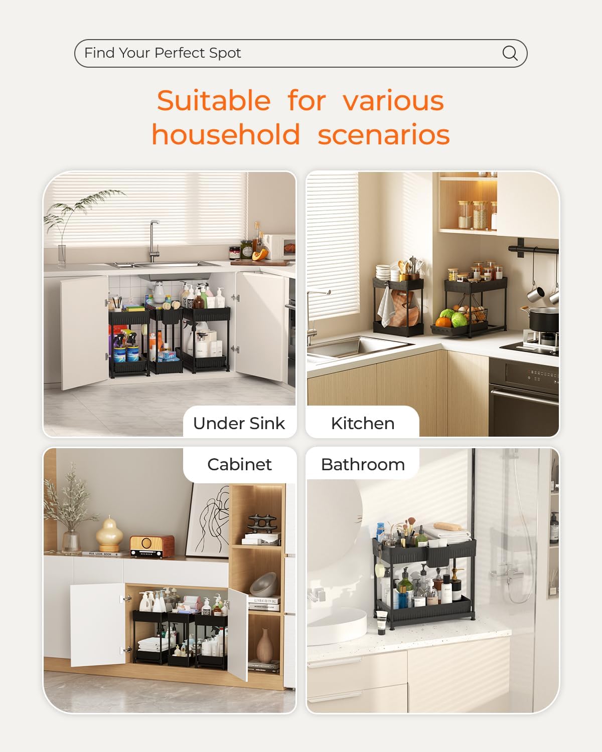 Sevenblue 3-Pack 2-Tier Under Sink Organizers with Sliding Drawers | Multi-use kitchen & bathroom storage, 12.8 inch black cabinet organizer, space-saving sliding drawer design.