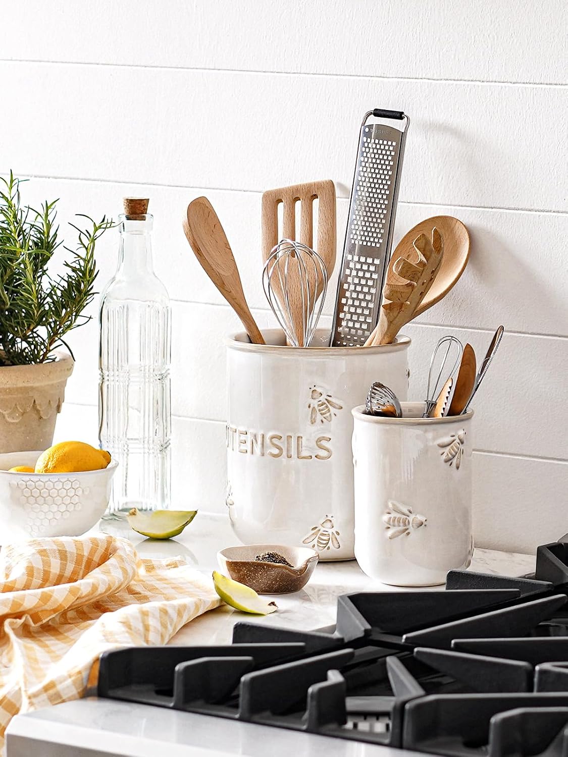 LE TAUCI Kitchen Utensil Holder Set of 2 - 6.9"+5.3" Large Ceramic Cooking Utensil Crock & Organizer for Spatula, Spoon, Whisk - Farmhouse Countertop Storage, Arctic White, Embossed, Bee