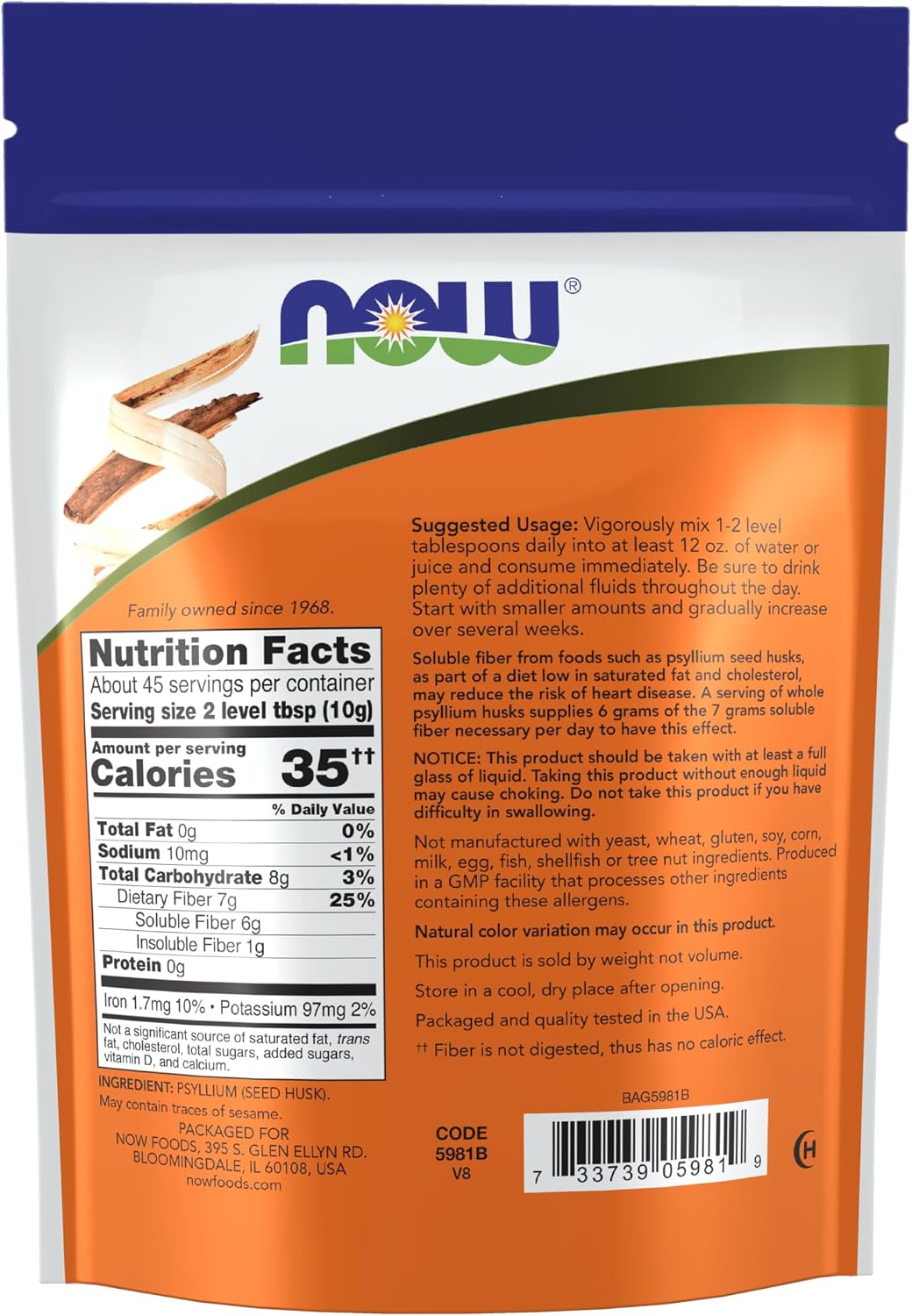 NOW Foods Supplements, Whole Psyllium Husks, Non-GMO Project Verified, Soluble Fiber, 16-Ounce